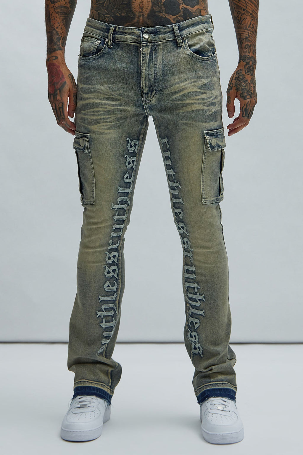 Ruthless Embroidered Stacked Skinny Cargo Flare Jeans - Medium Wash - image 3