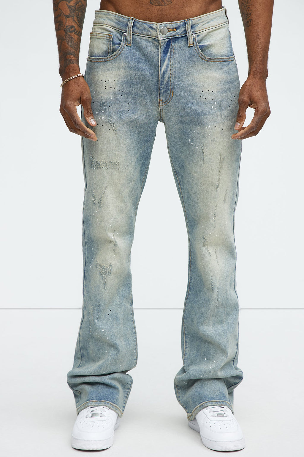 Ripped And Bleach Splatter Stacked Slim Flare Jeans - Light Blue Wash - image 3