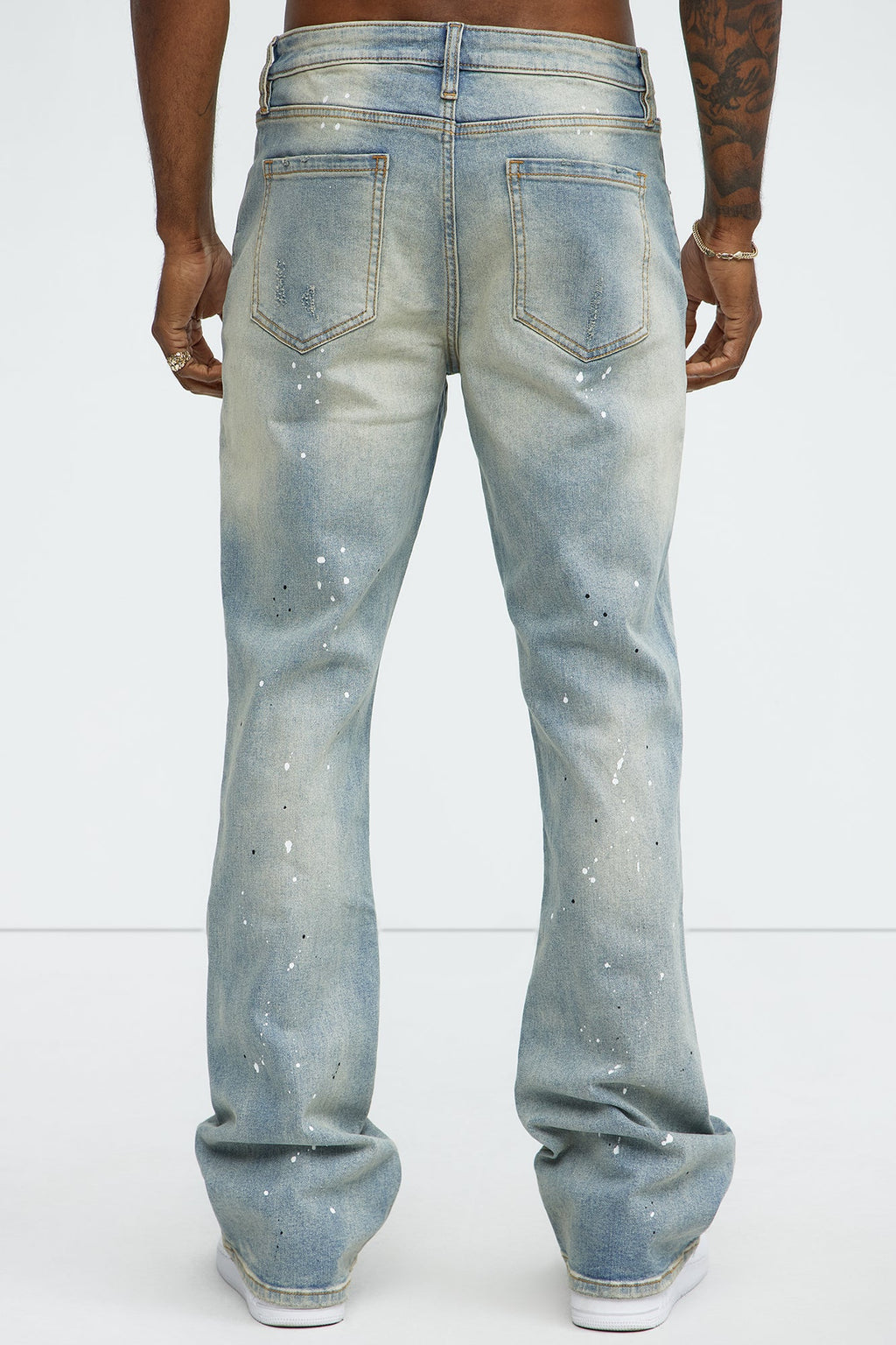 Ripped And Bleach Splatter Stacked Slim Flare Jeans - Light Blue Wash - image 4