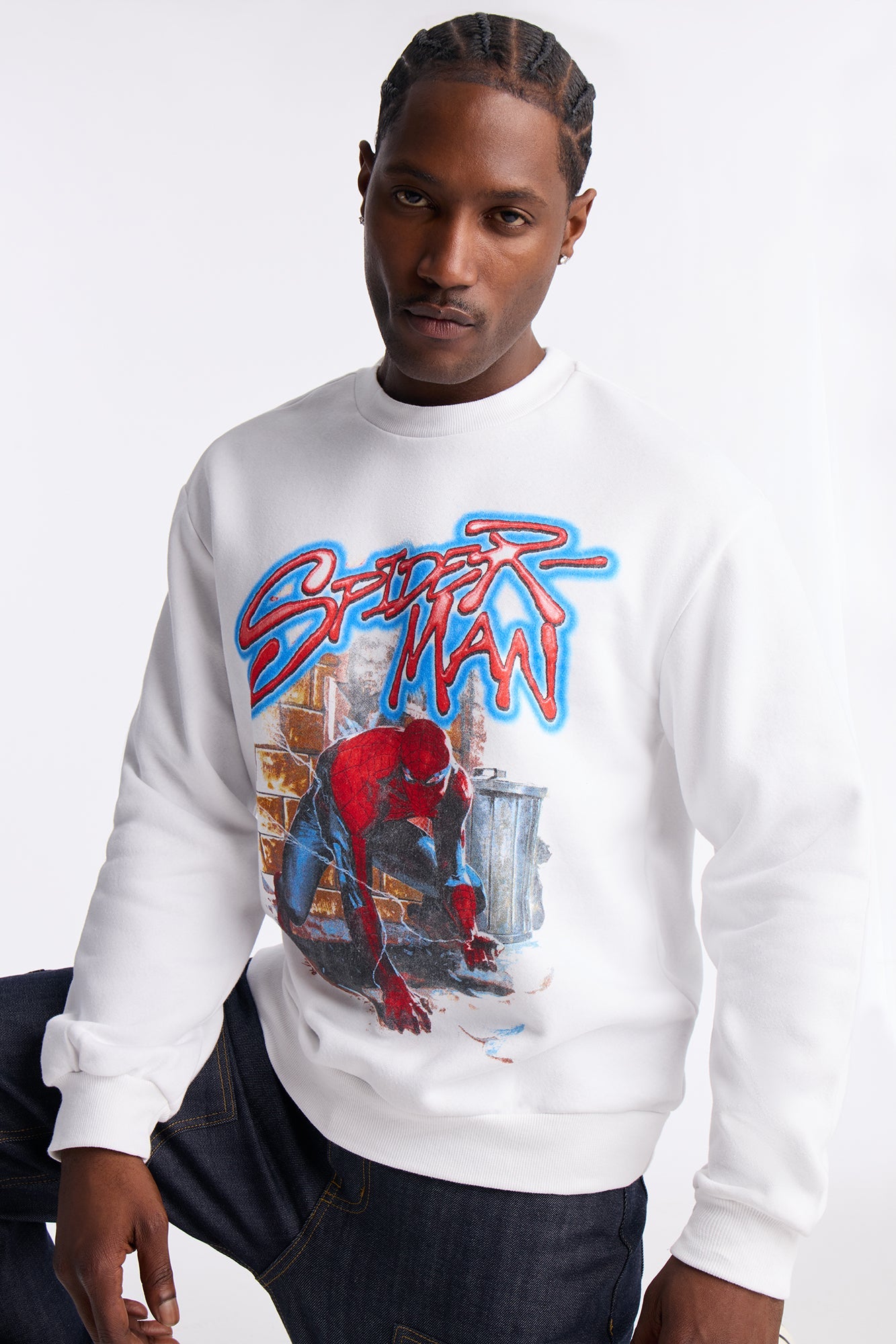 Marvel Spiderman Crawling Spider Crew Neck Sweatshirt - White - image 1