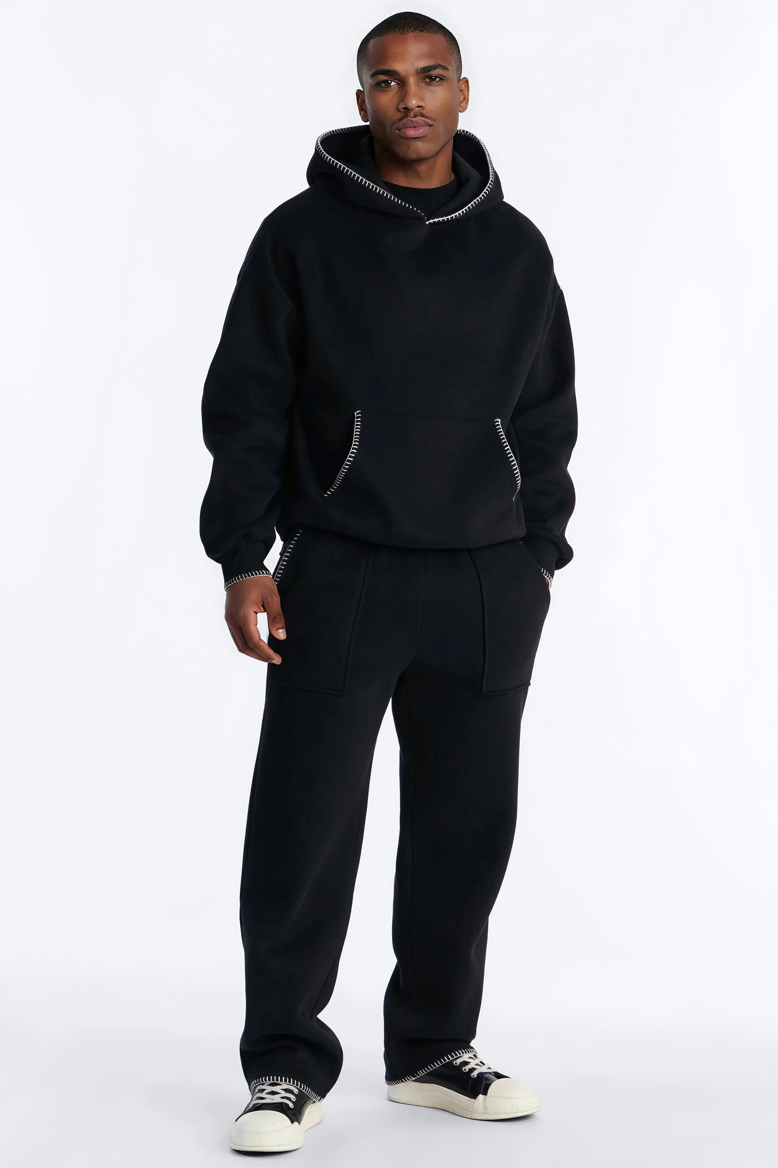 Oversized Contrast Blanket Stitch Hoodie - Black - image 2