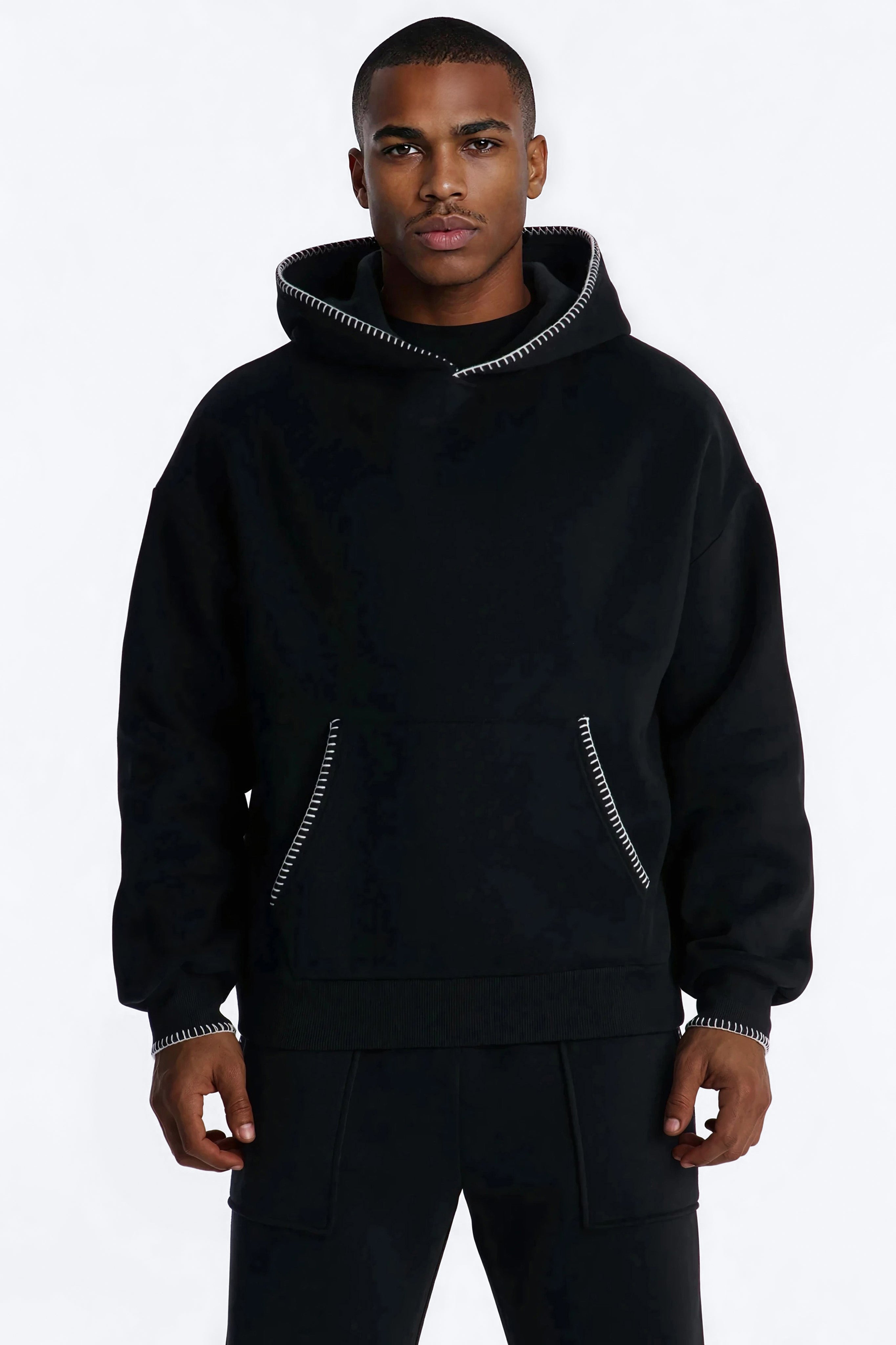 Oversized Contrast Blanket Stitch Hoodie - Black - image 1