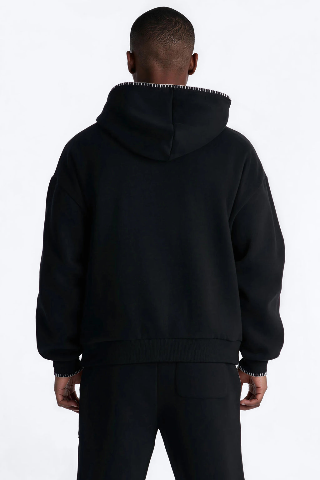 Oversized Contrast Blanket Stitch Hoodie - Black - image 3