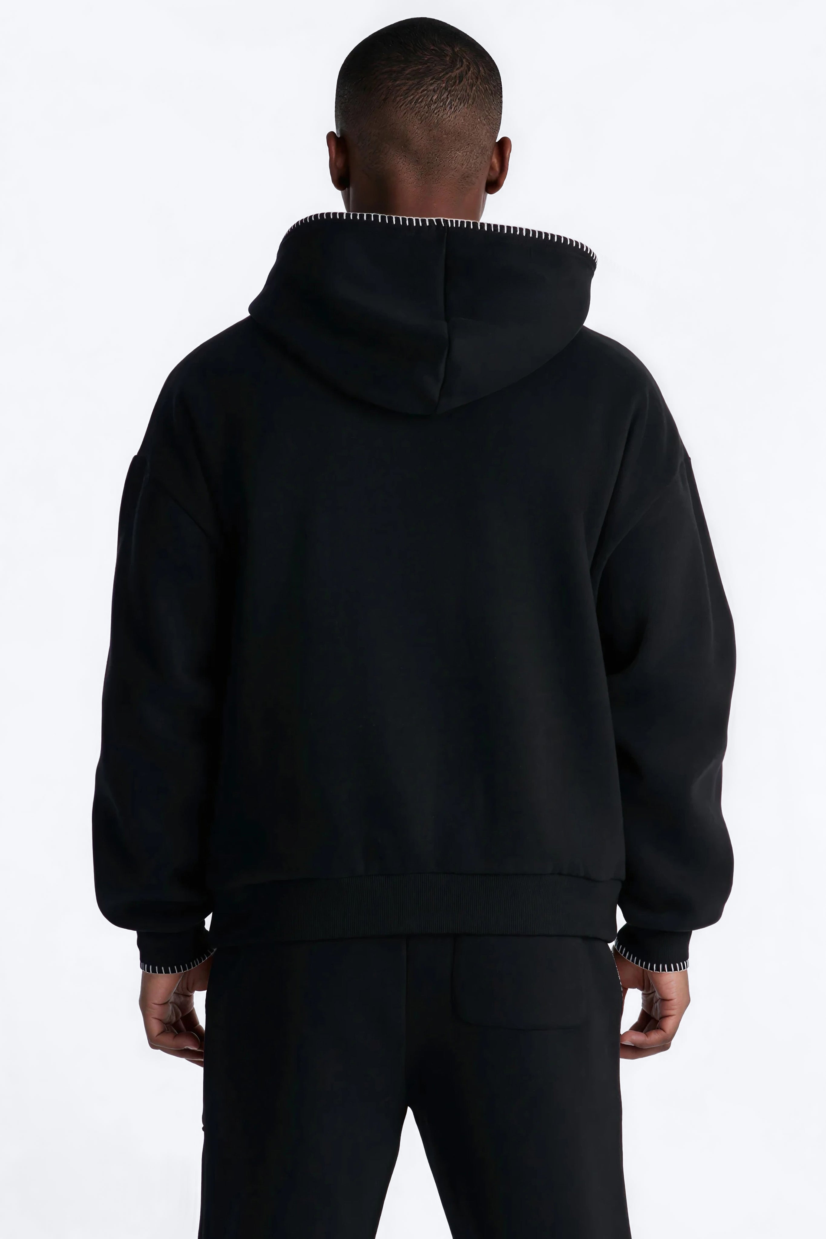 Oversized Contrast Blanket Stitch Hoodie - Black - image 3