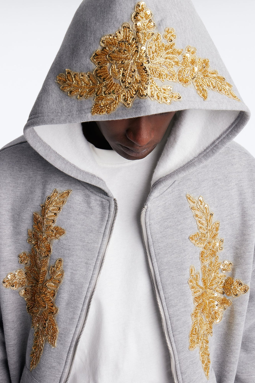 Oversized Rogue Sequin Applique Zip Up Hoodie - Grey - image 3