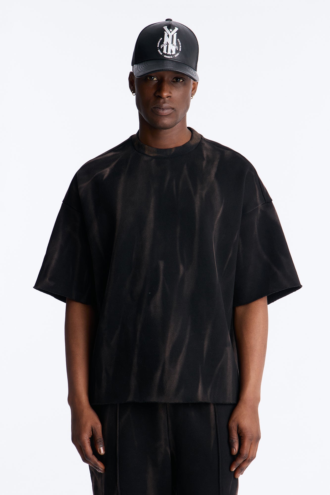 Oversized Bleach Washed Short Sleeve Fleece Tee - Black - image 1
