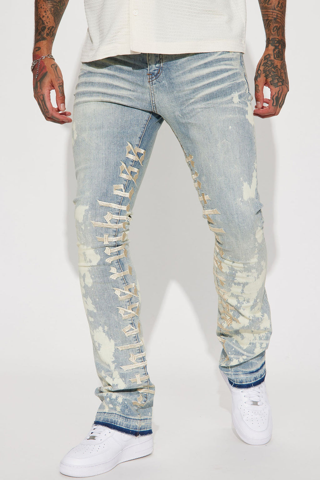 Ruthless Embroidered Stacked Skinny Flare Jeans - Bleach Blue Wash - image 1