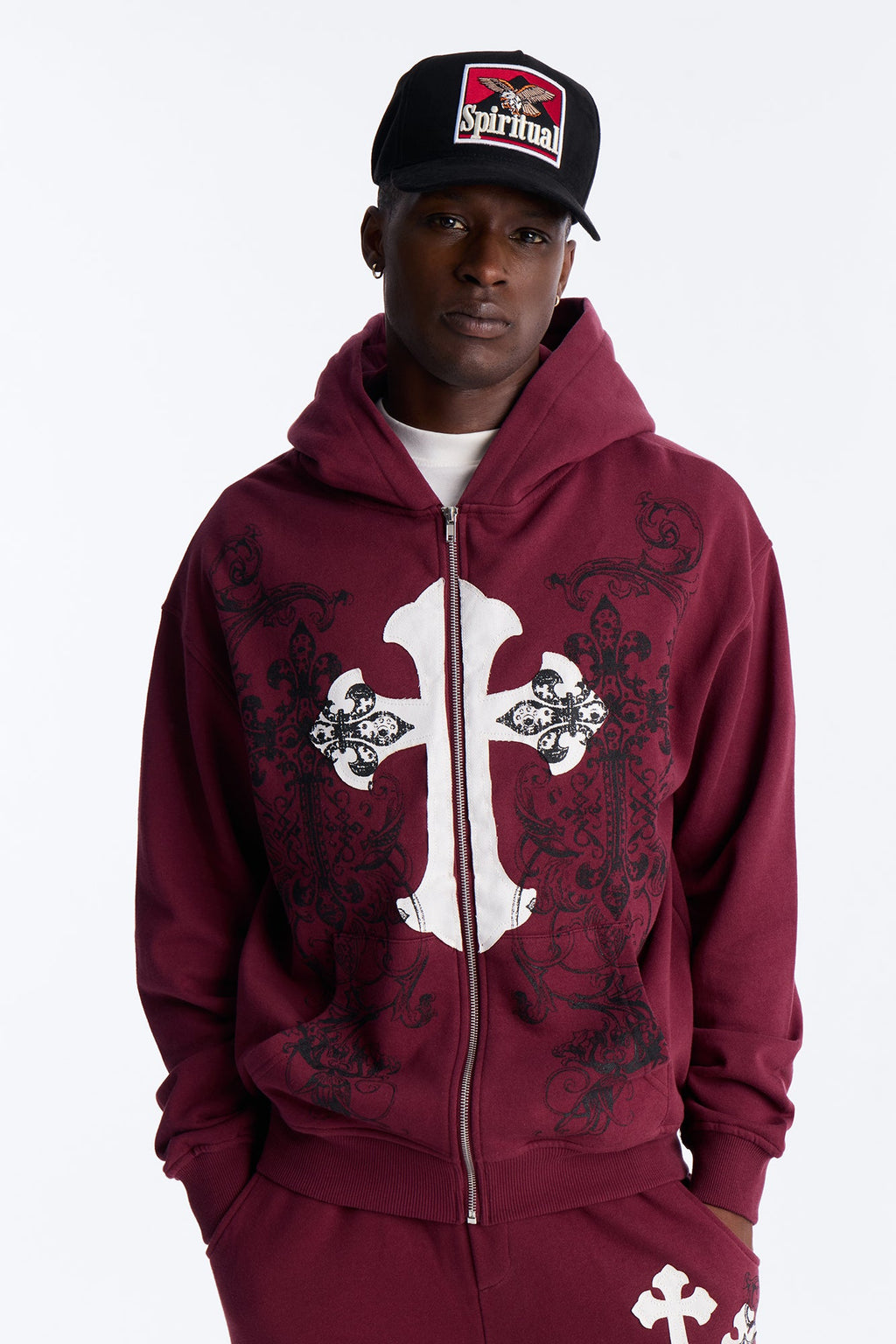 Cross Patch Zip Hoodie - Burgundy - image 1