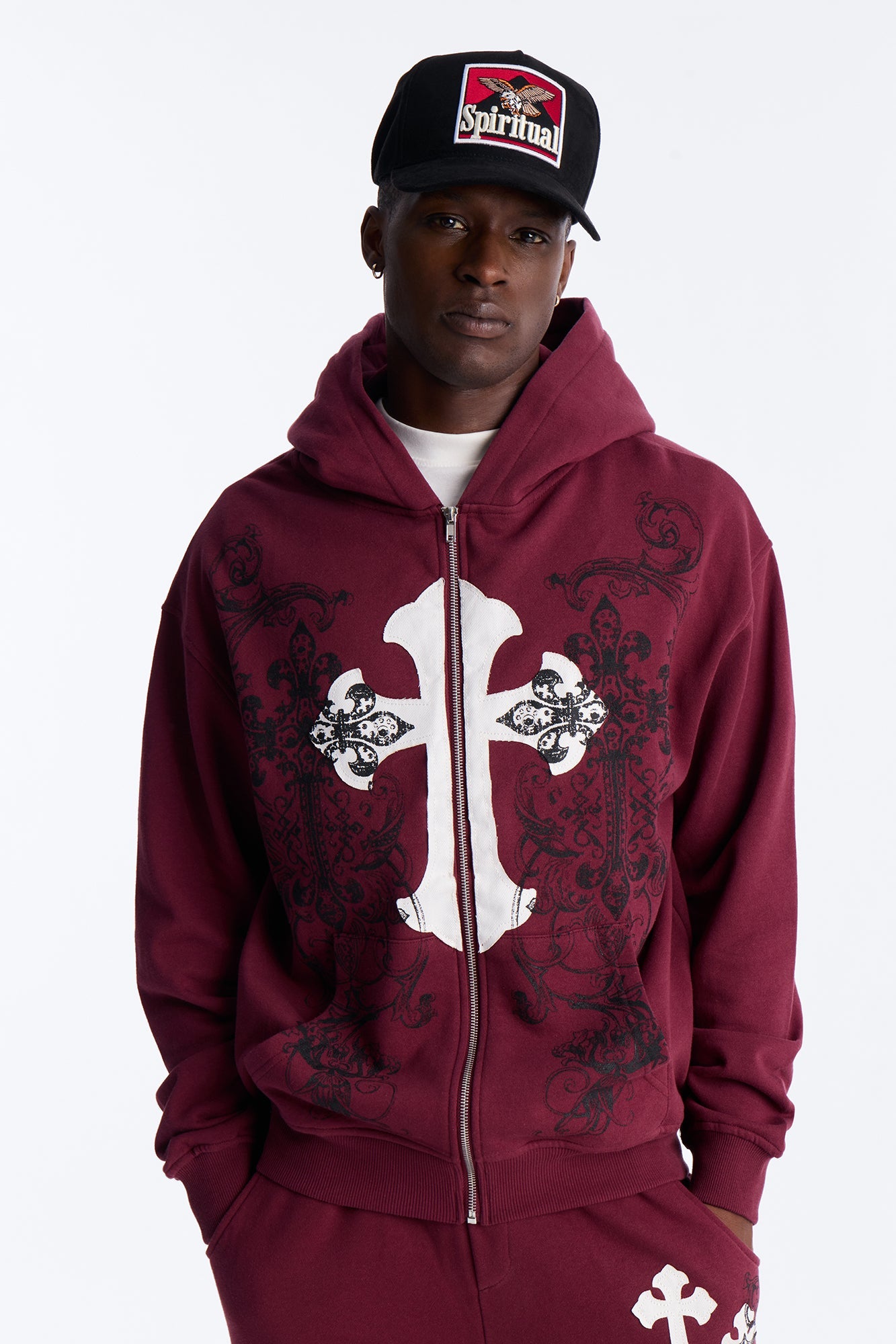 Cross Patch Zip Hoodie - Burgundy - image 1