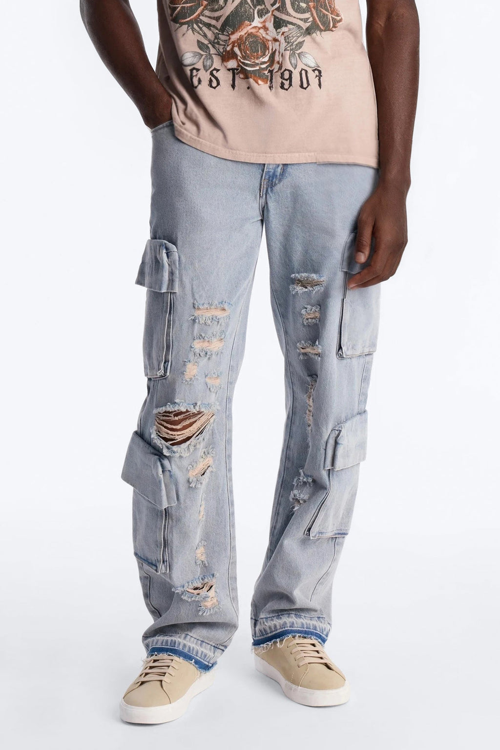 Straight Fractured Cargo Jean - Light Wash - image 1
