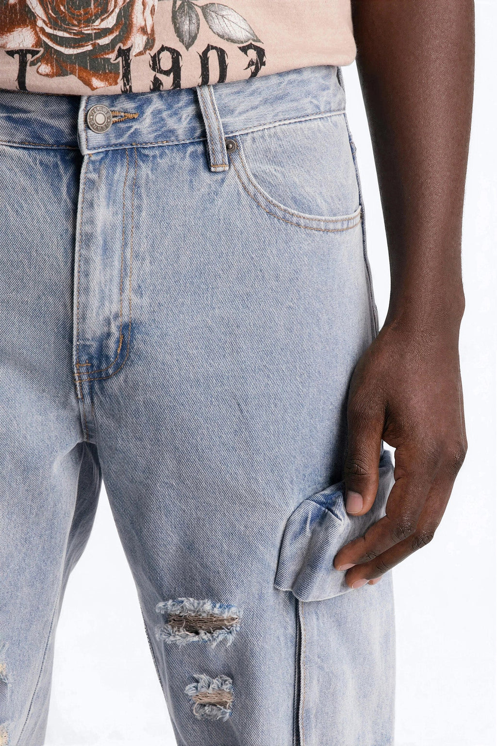 Straight Fractured Cargo Jean - Light Wash - image 3