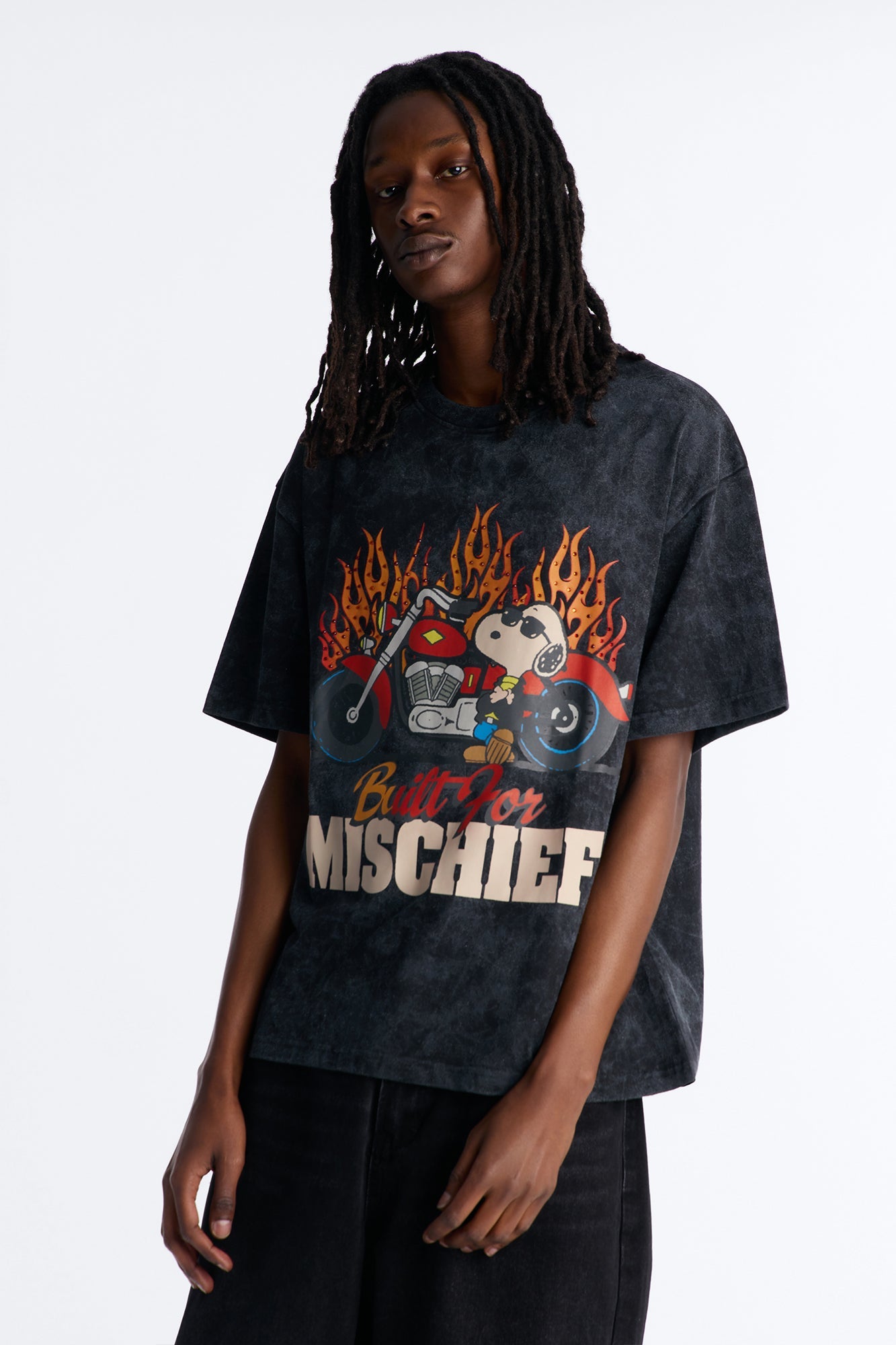 Peanuts Snoopy Mischief Rhinestones Mineral Wash Fleece Tee - Black Wash - image 1