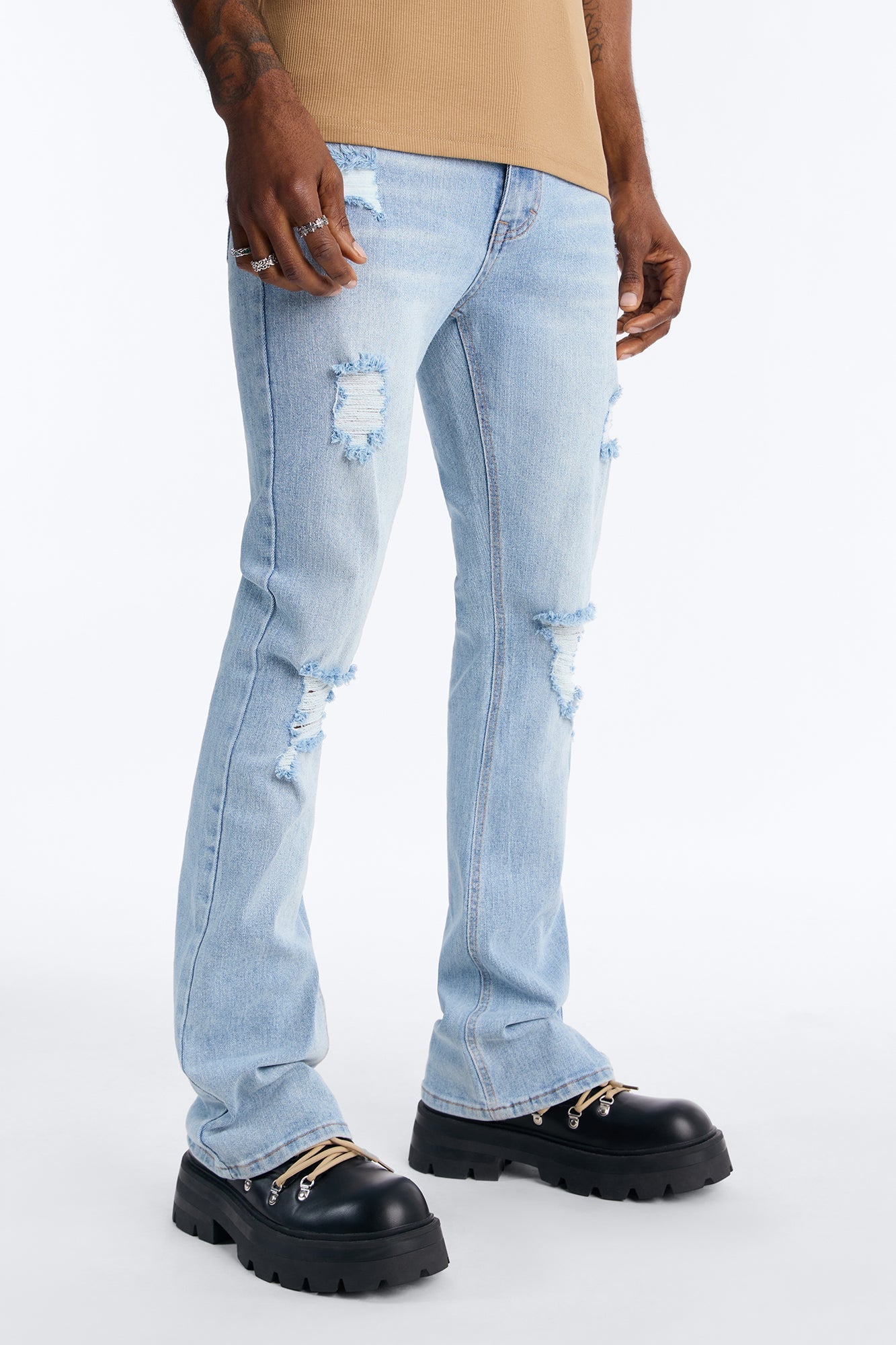 Essential Destroyed Stacked Slim Flare Stretch Jean - Light Blue Wash - image 1