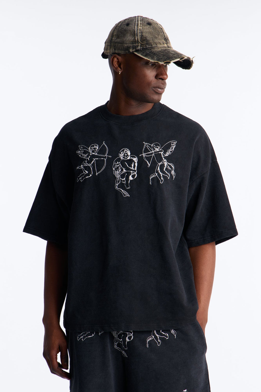 Anti Social Cherub Embroidered Oversized French Terry Tee - Black Wash - image 4