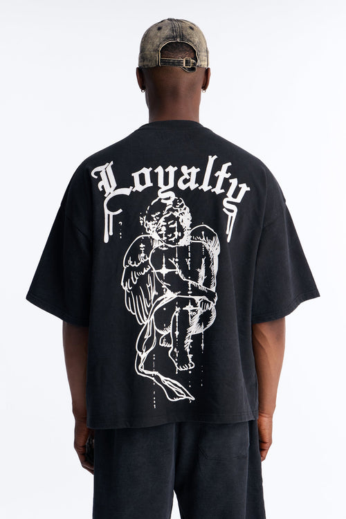 Anti Social Cherub Embroidered Oversized French Terry Tee - Black Wash - image 1