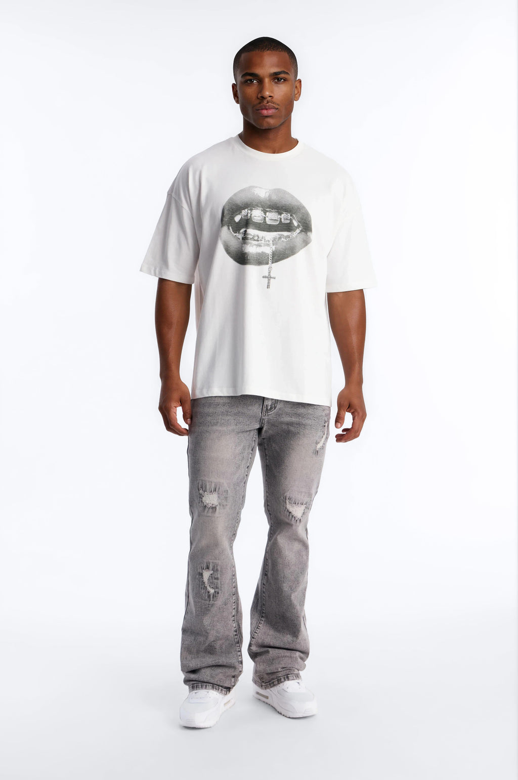 Stacked Skinny Flare Threaded Destroyed Jeans - Grey - image 1