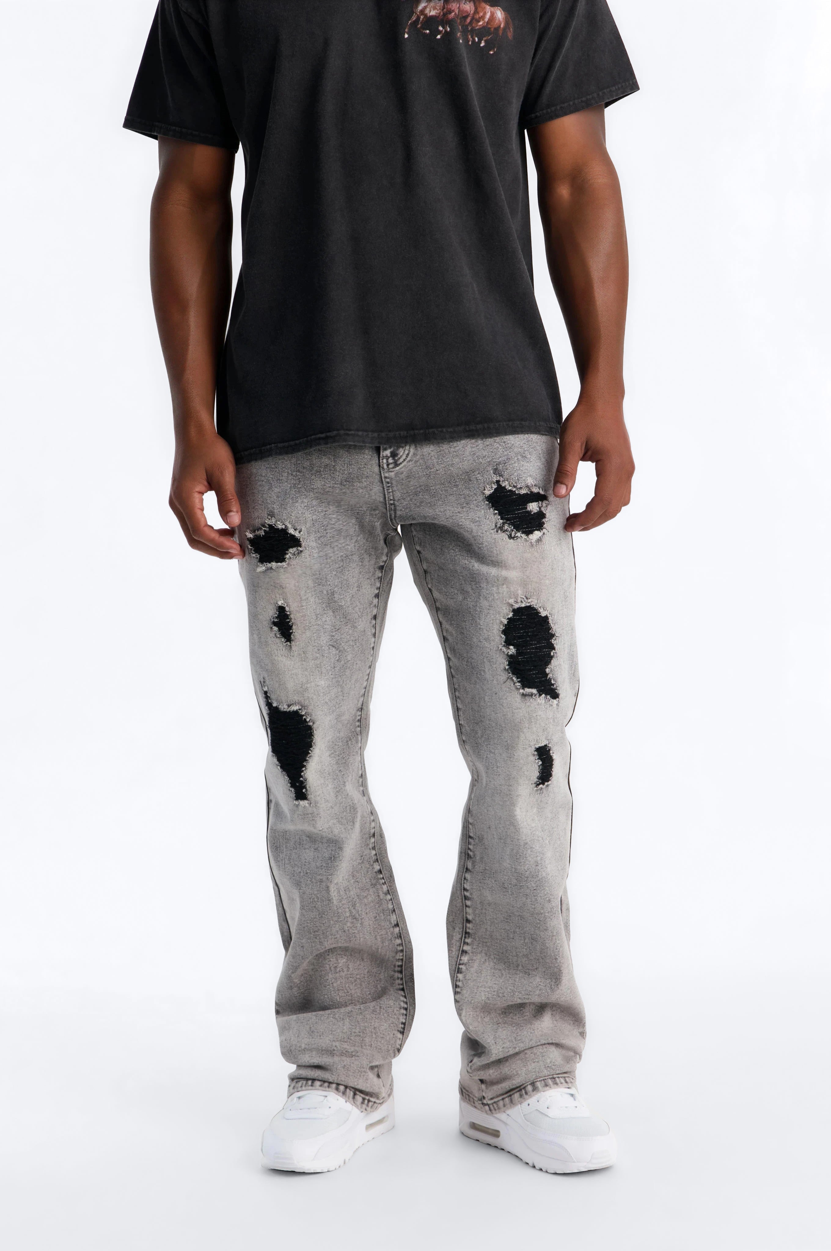 Stacked Skinny Slim Flare Acid Distressed Jeans - Grey - image 1