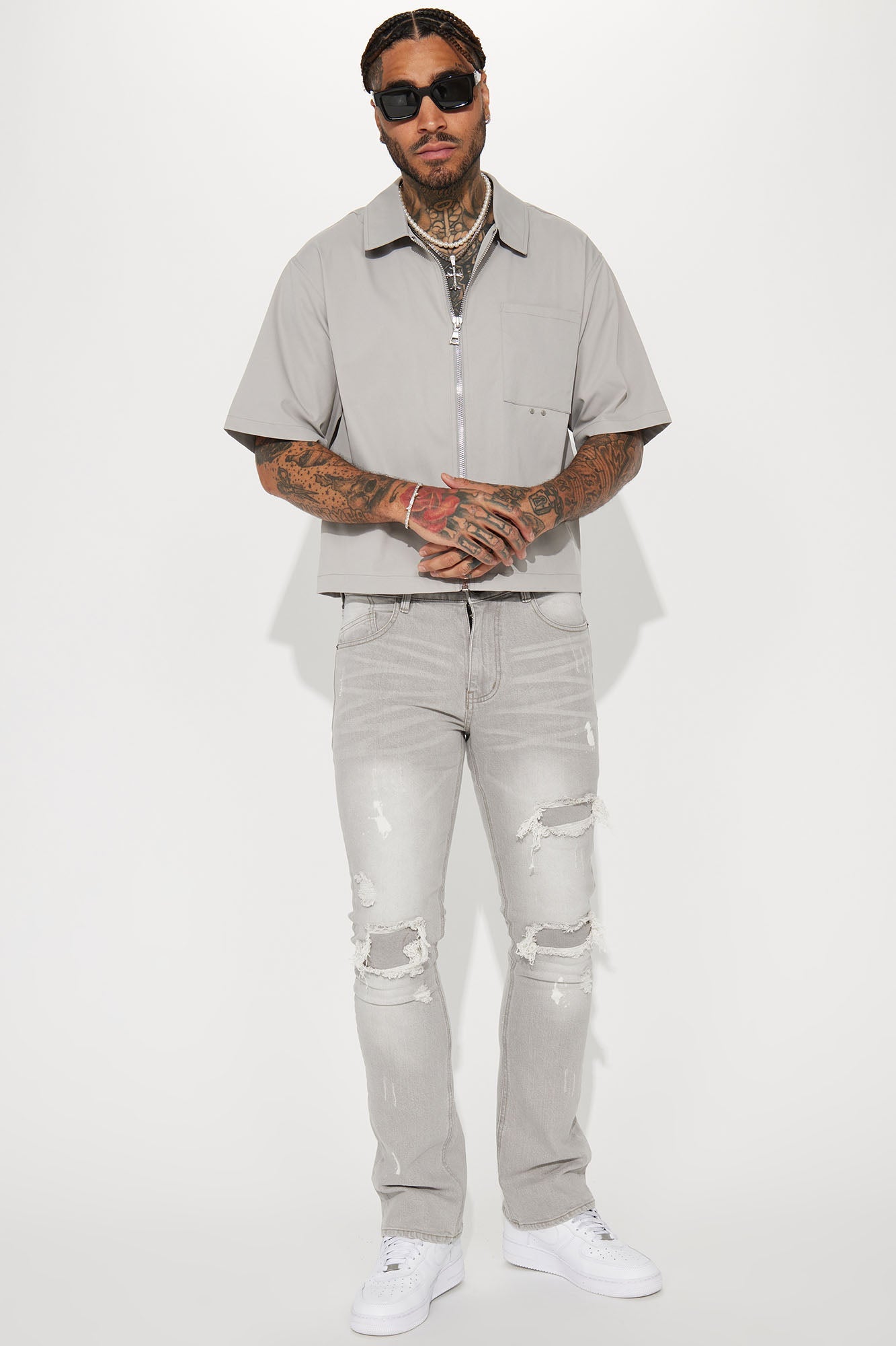 Ripped Stacked Skinny Flare Jeans - Grey - image 3