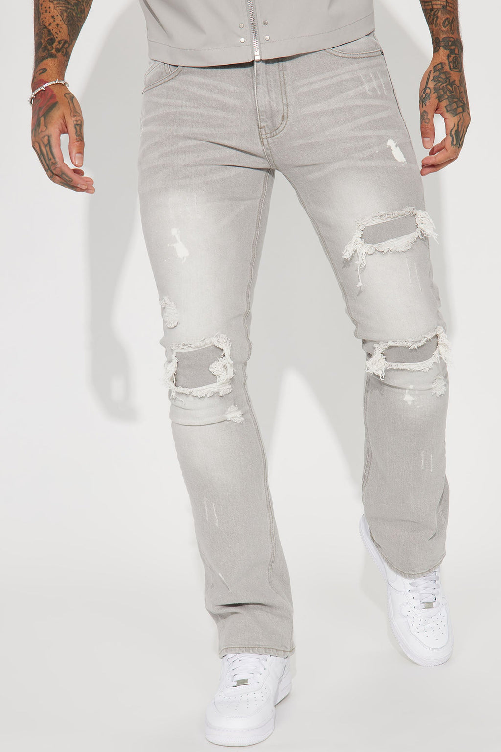 Ripped Stacked Skinny Flare Jeans - Grey - image 1