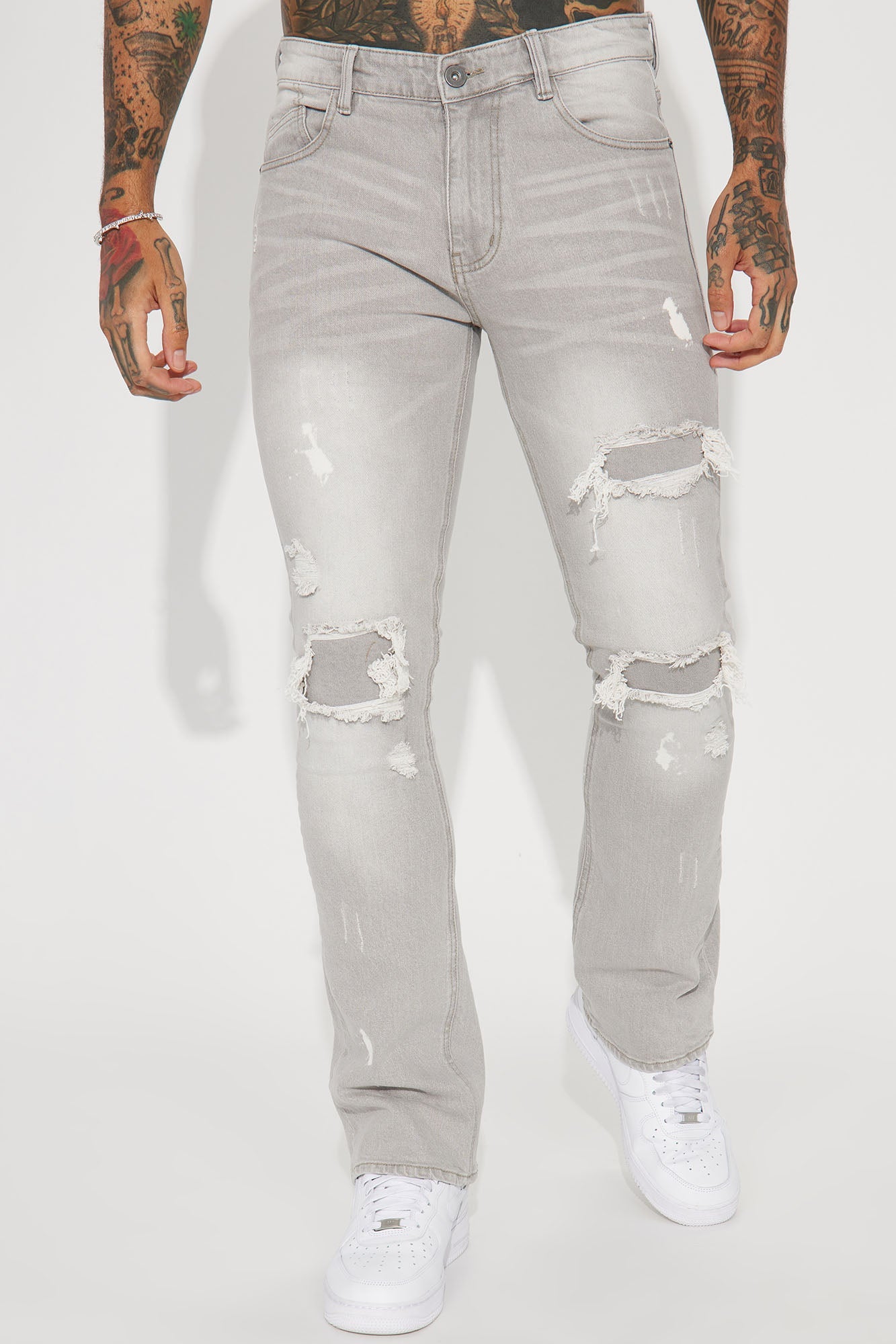 Ripped Stacked Skinny Flare Jeans - Grey - image 4