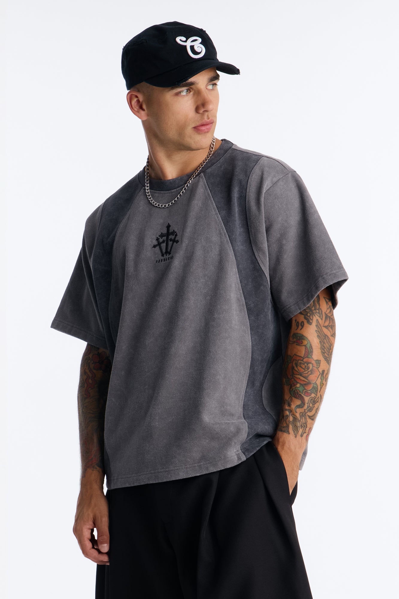 Forsaken Embroidery Paneled Fleece Tee - Grey - image 1