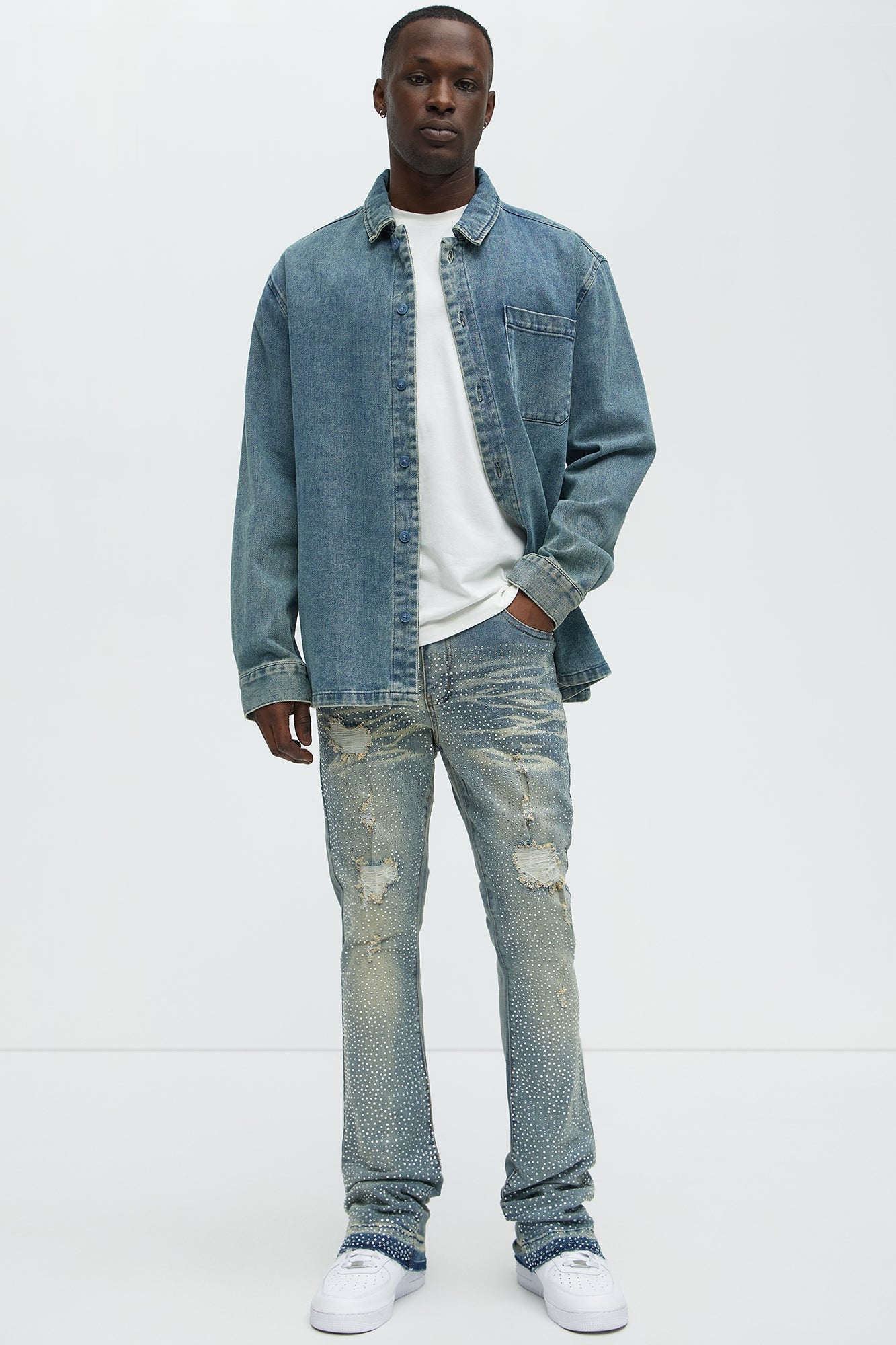 Stacked Skinny Flare On My Bling Distressed Jeans - Medium Blue Wash - image 2