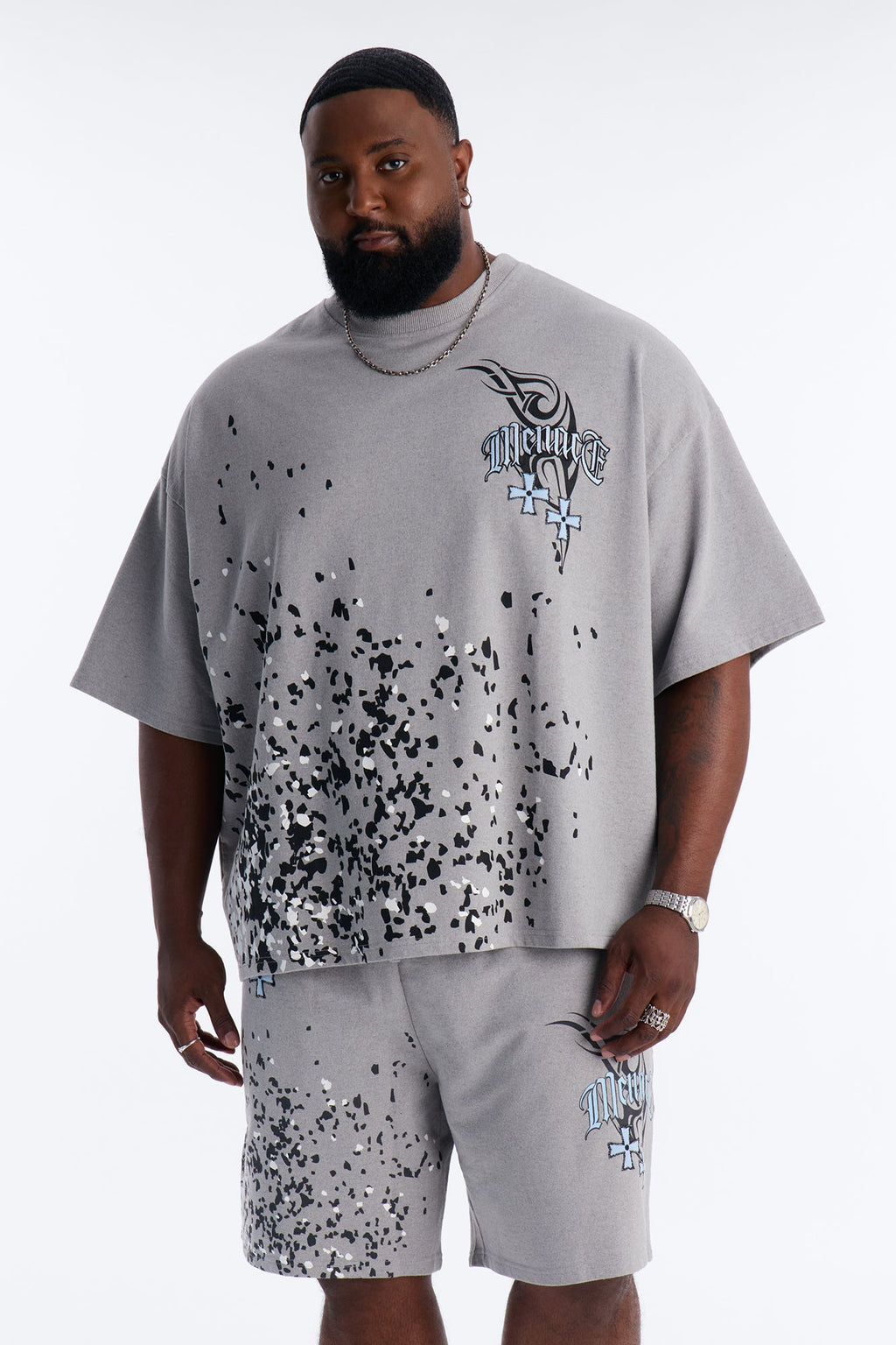Menace Paint Splatter Embroidered Oversized French Terry Tee - Grey - image 4