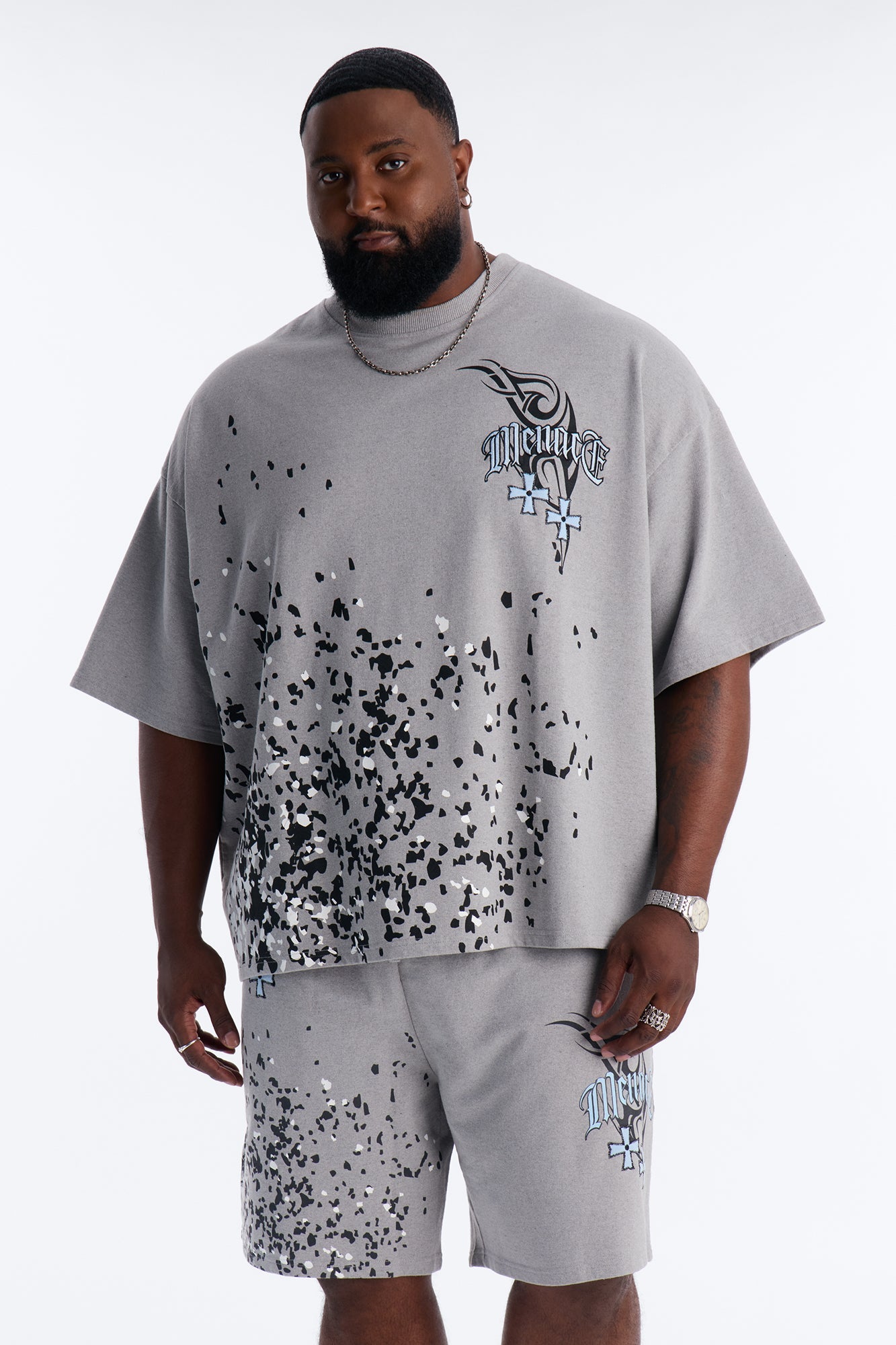 Menace Paint Splatter Embroidered Oversized French Terry Tee - Grey - image 4