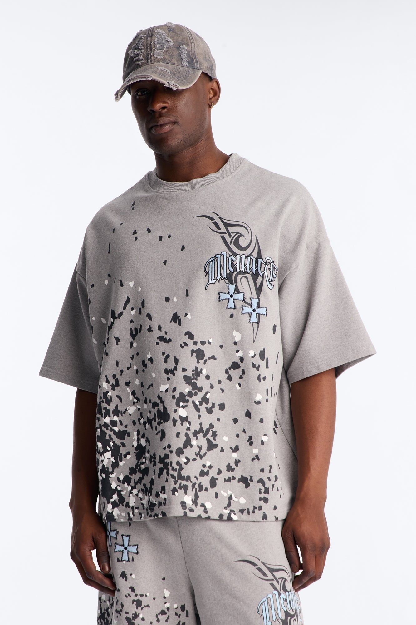Menace Paint Splatter Embroidered Oversized French Terry Tee - Grey - image 1