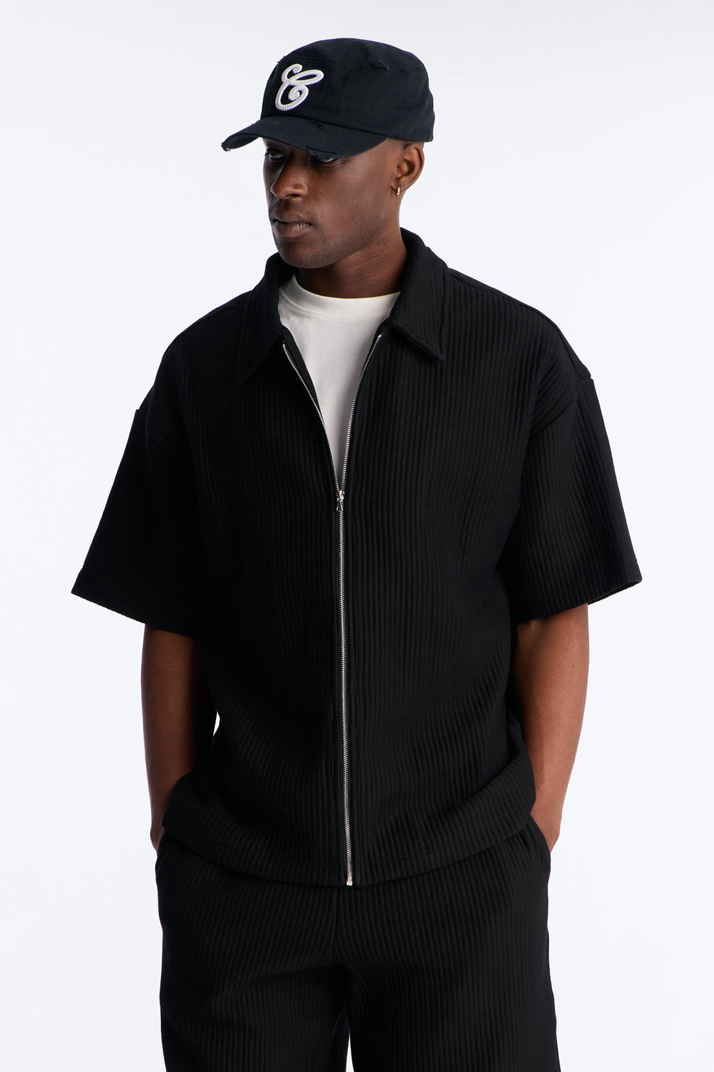 Textured Oversized Fleece Zip Up Shirt - Black - image 1