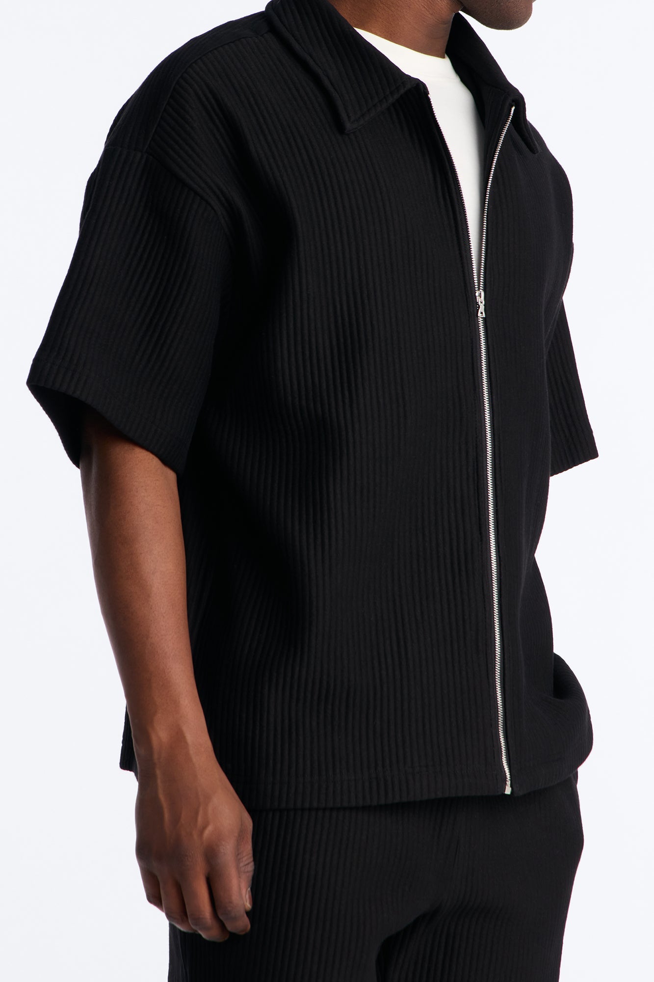 Textured Oversized Fleece Zip Up Shirt - Black - image 3