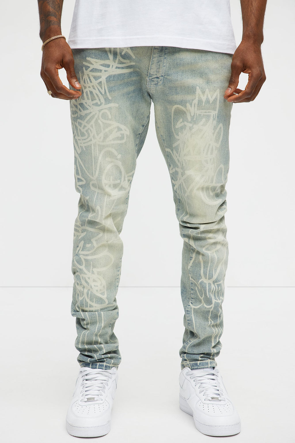 Graffiti Art Stacked Skinny Jeans - Light Wash - image 1