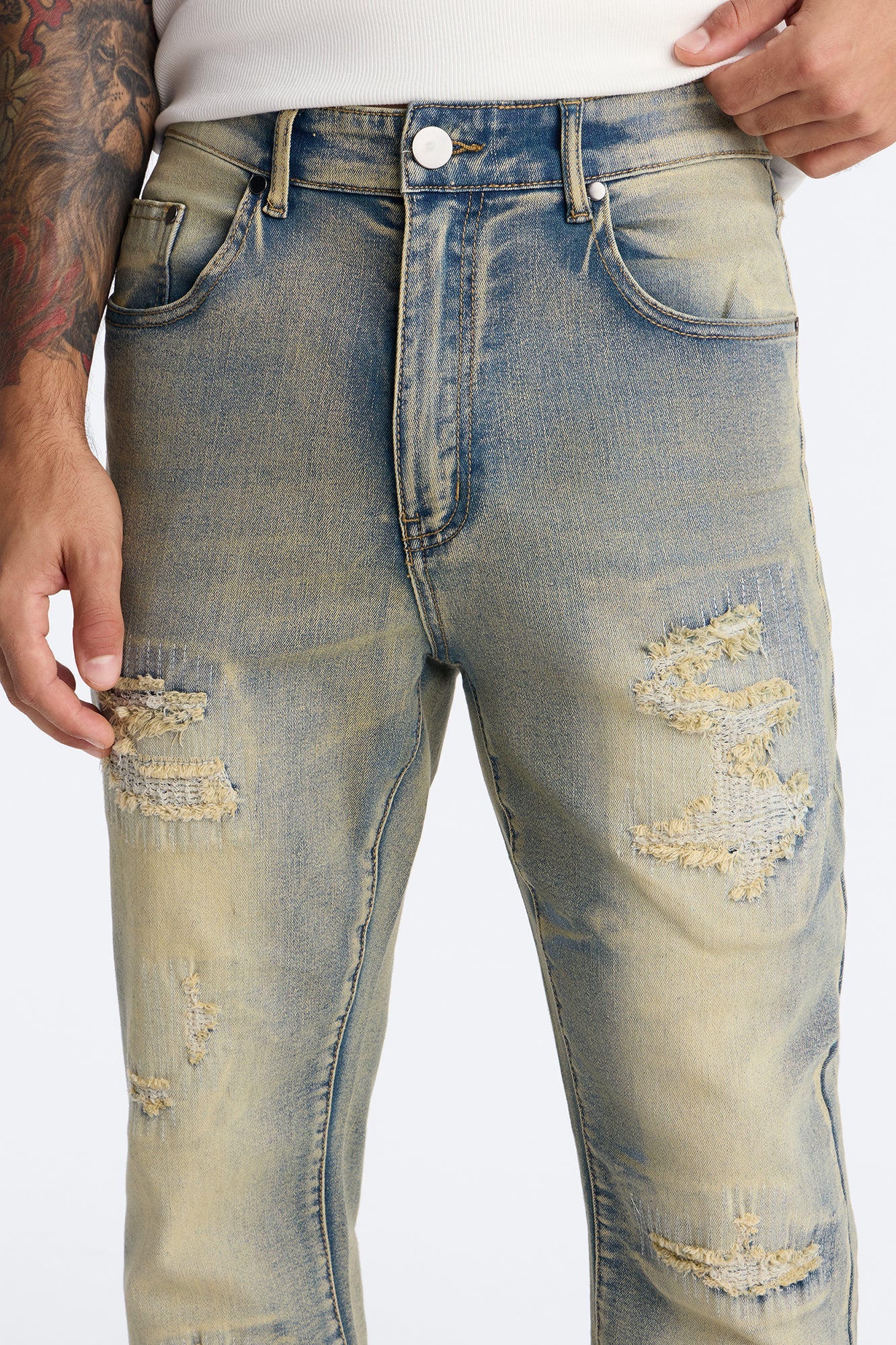 Stacked Skinny Flare Etched Distress Jeans - Vintage Blue Wash - image 3
