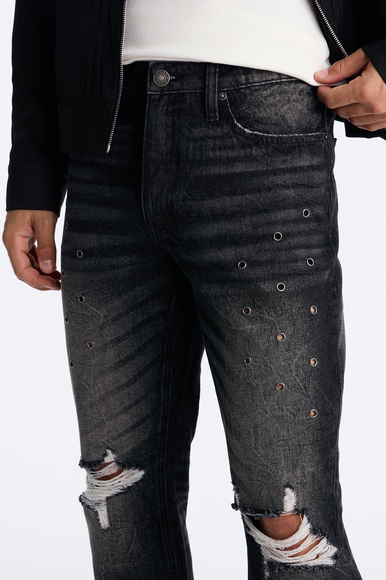 Stacked Slim Flare Looking Out Distressed Grommet Jean - Black Wash - image 3