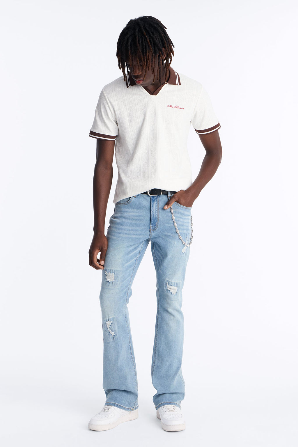 Stacked Skinny Flare Threaded Destroyed Jeans - Light Blue Wash - image 2