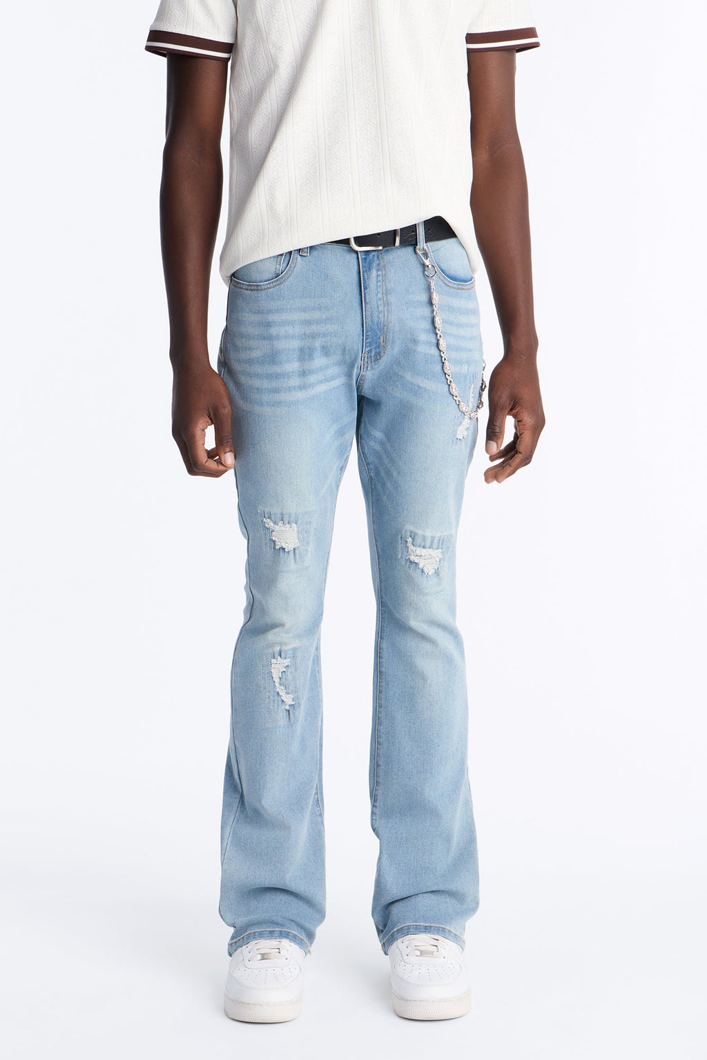 Stacked Skinny Flare Threaded Destroyed Jeans - Light Blue Wash - image 1