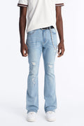 Stacked Skinny Flare Threaded Destroyed Jeans - Light Blue Wash - image 1