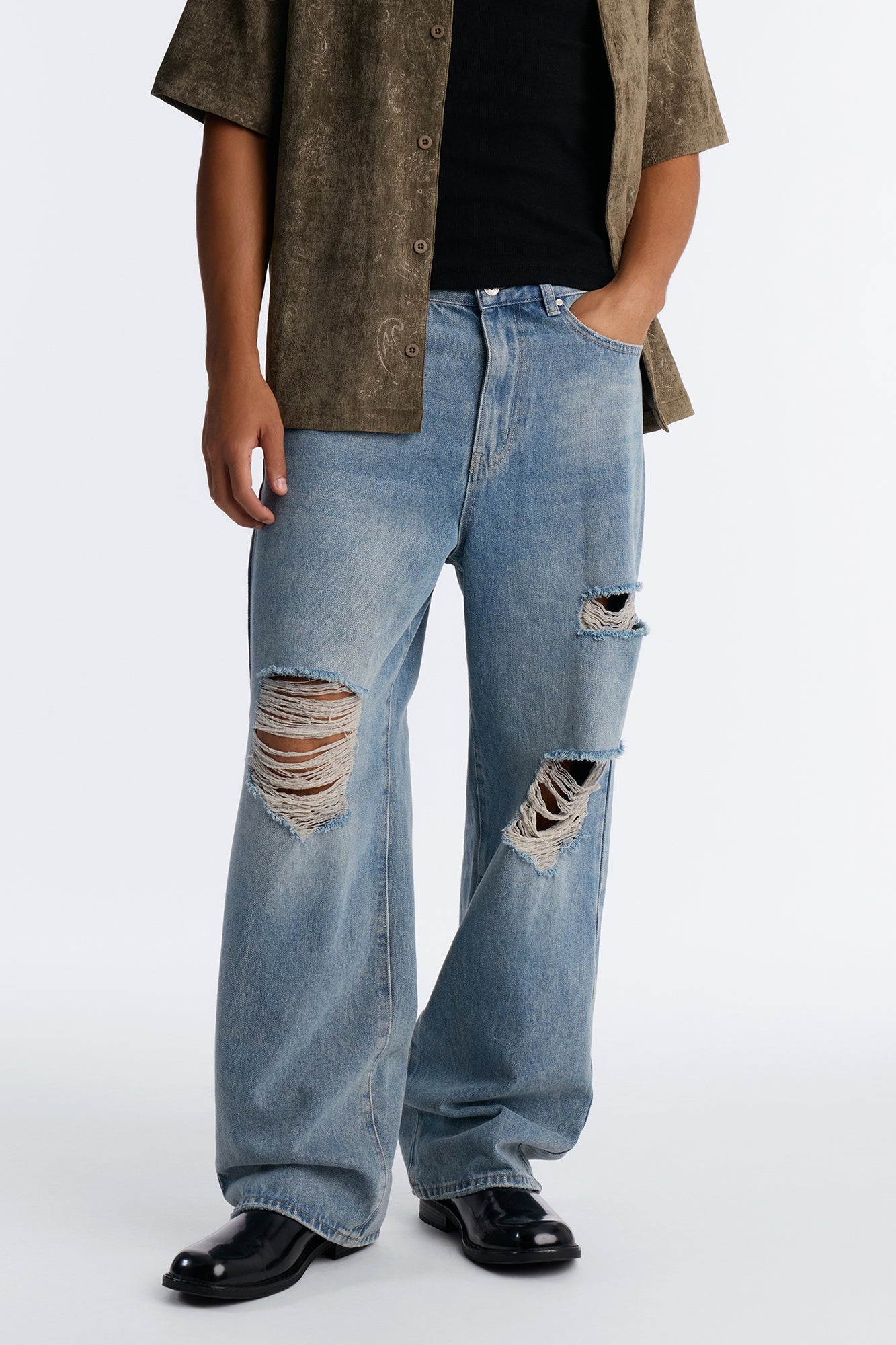 Distressed Baggy 5 Pocket Jean - Vintage Blue Wash - image 1