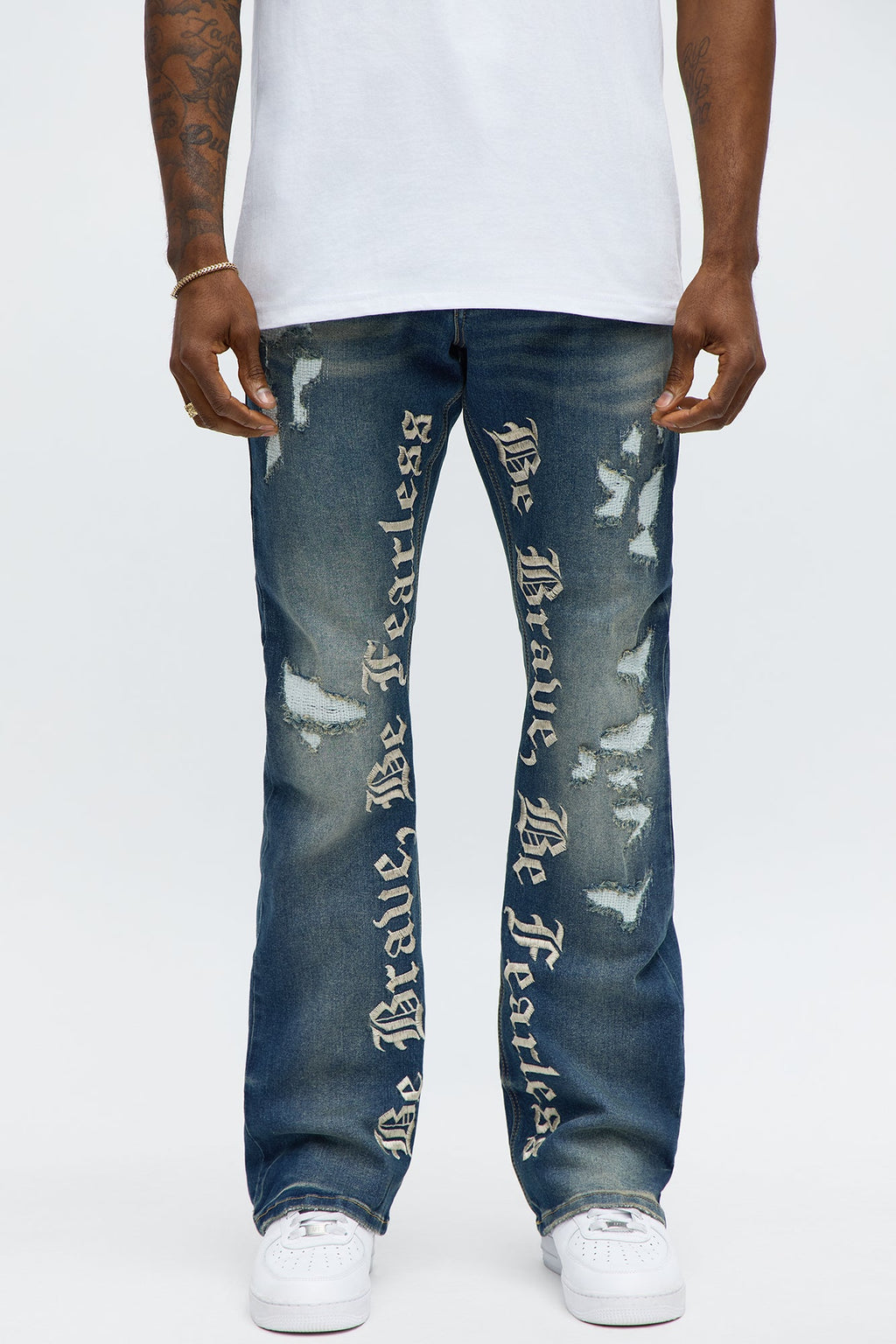 Stacked Skinny Flare Be Brave Be Fearless Embridered Jean - Dark Wash - image 2