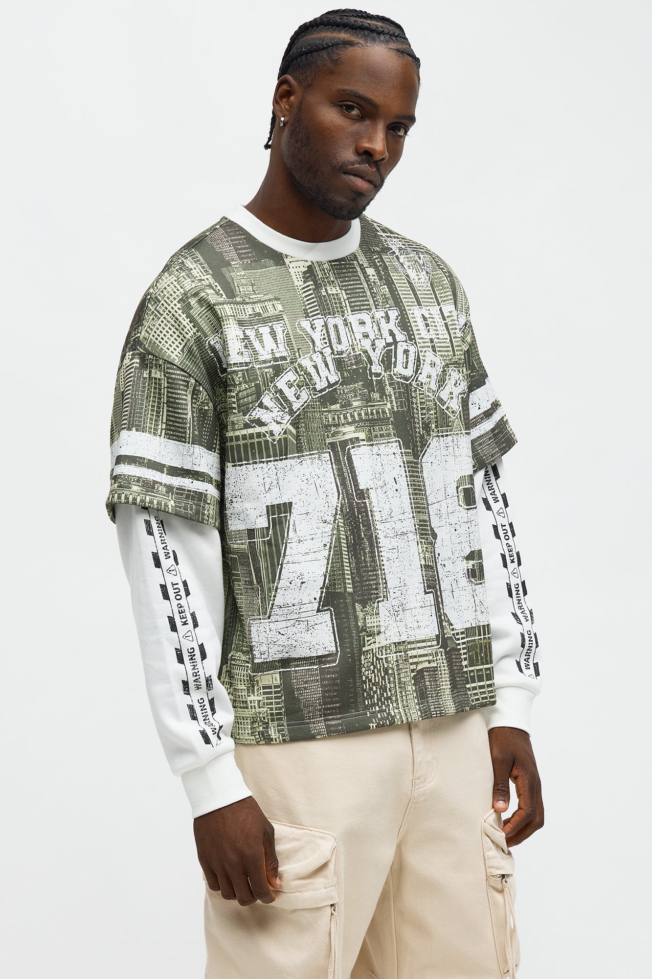 Oversized Concrete Jungle Skylines Long Sleeve Tee - Green/combo - image 1
