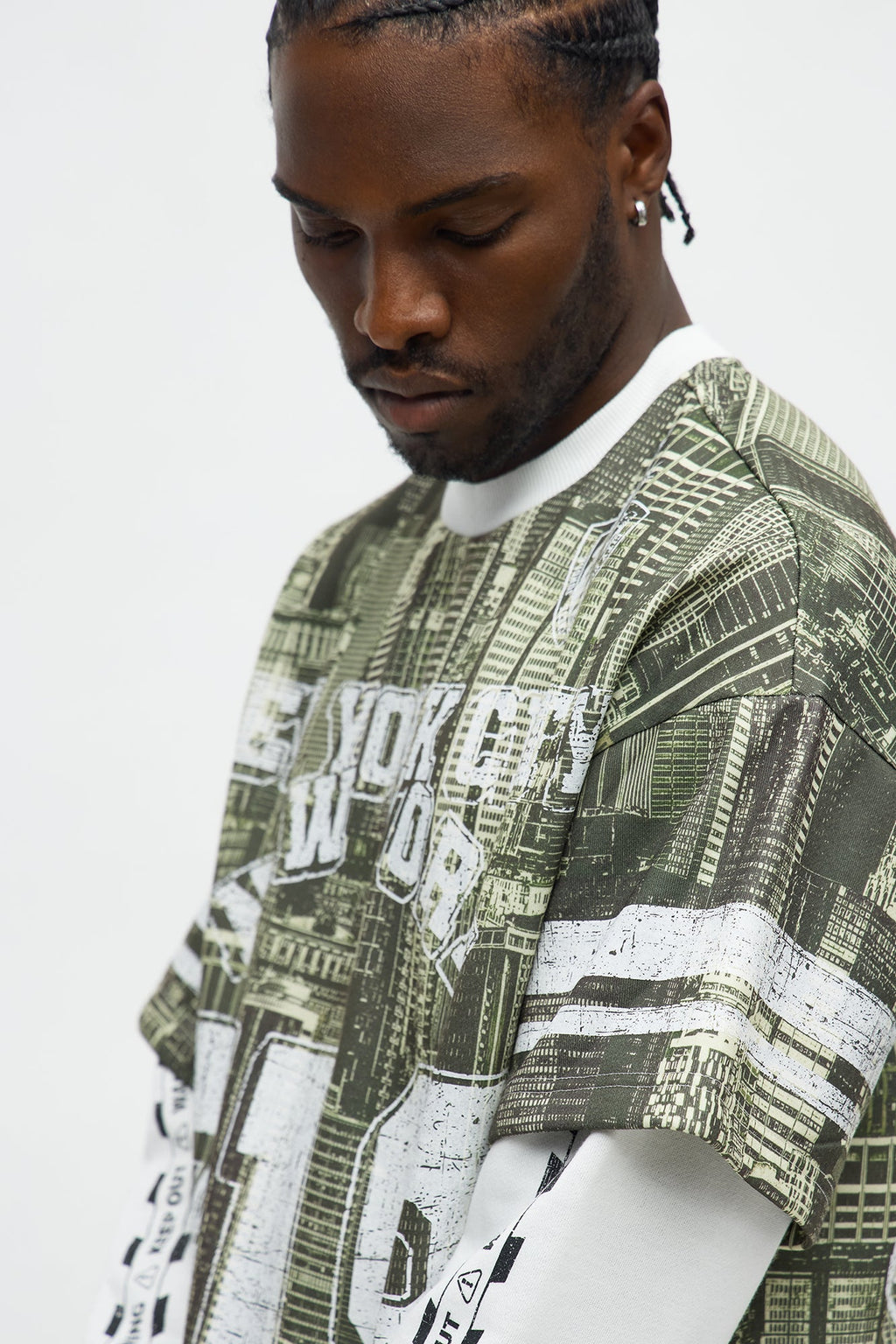 Oversized Concrete Jungle Skylines Long Sleeve Tee - Green/combo - image 3