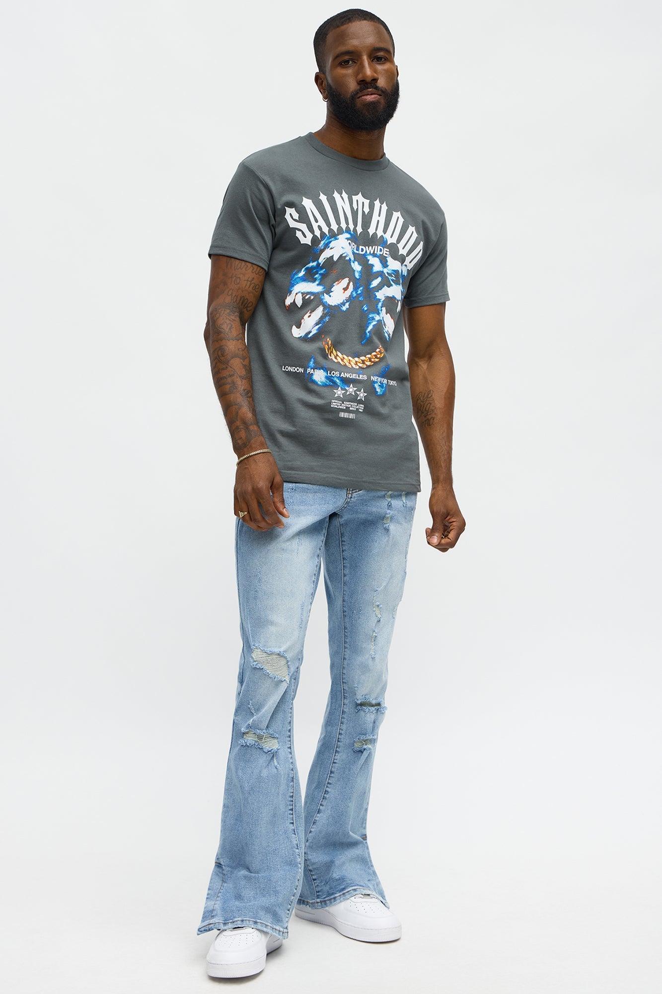 Stacked Skinny Flare Slit Rebel Against Distressed Jean - Light Wash - image 2