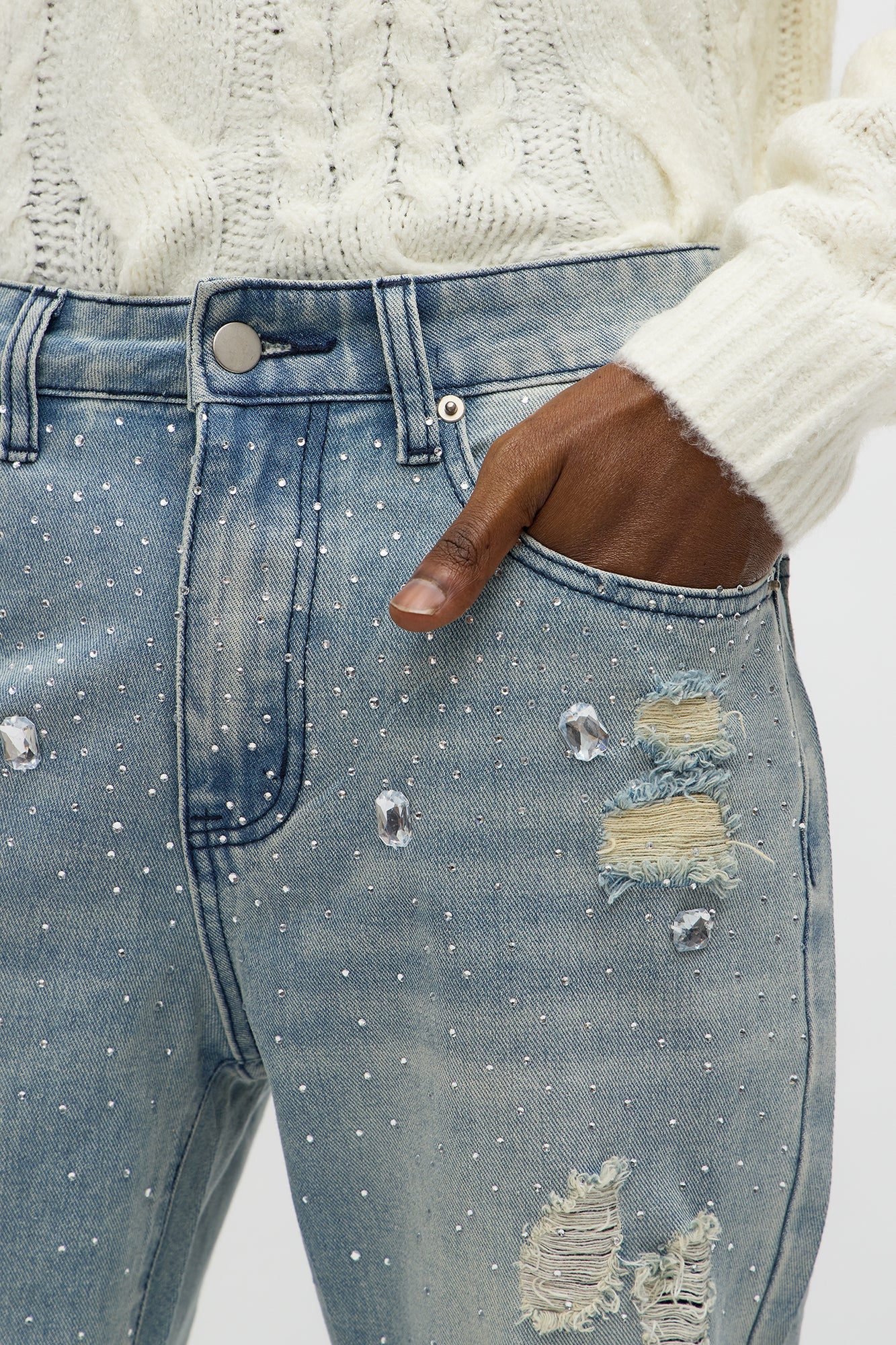 Stacked Skinny Flare Walk Me Through Jeweled Distressed Jean - Medium Blue Wash - image 3