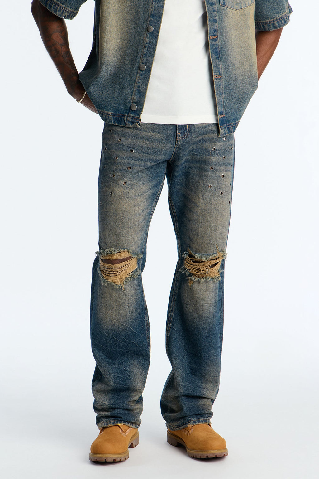 Stacked Slim Flare Looking Out Distressed Grommet Jean - Dark Wash - image 1