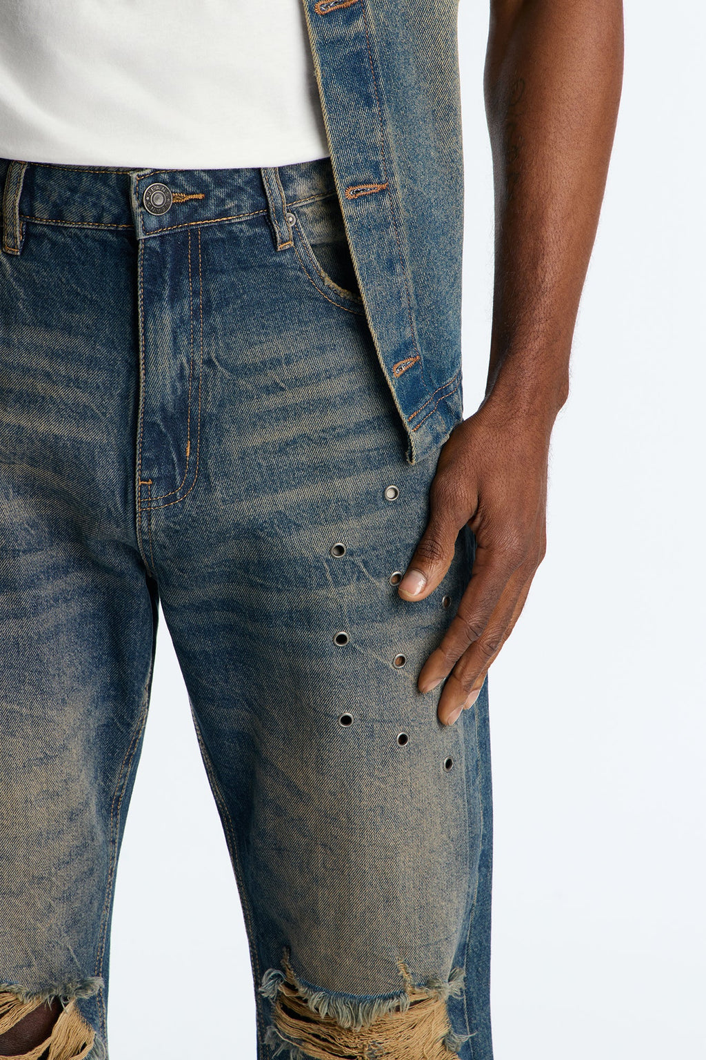 Stacked Slim Flare Looking Out Distressed Grommet Jean - Dark Wash - image 3
