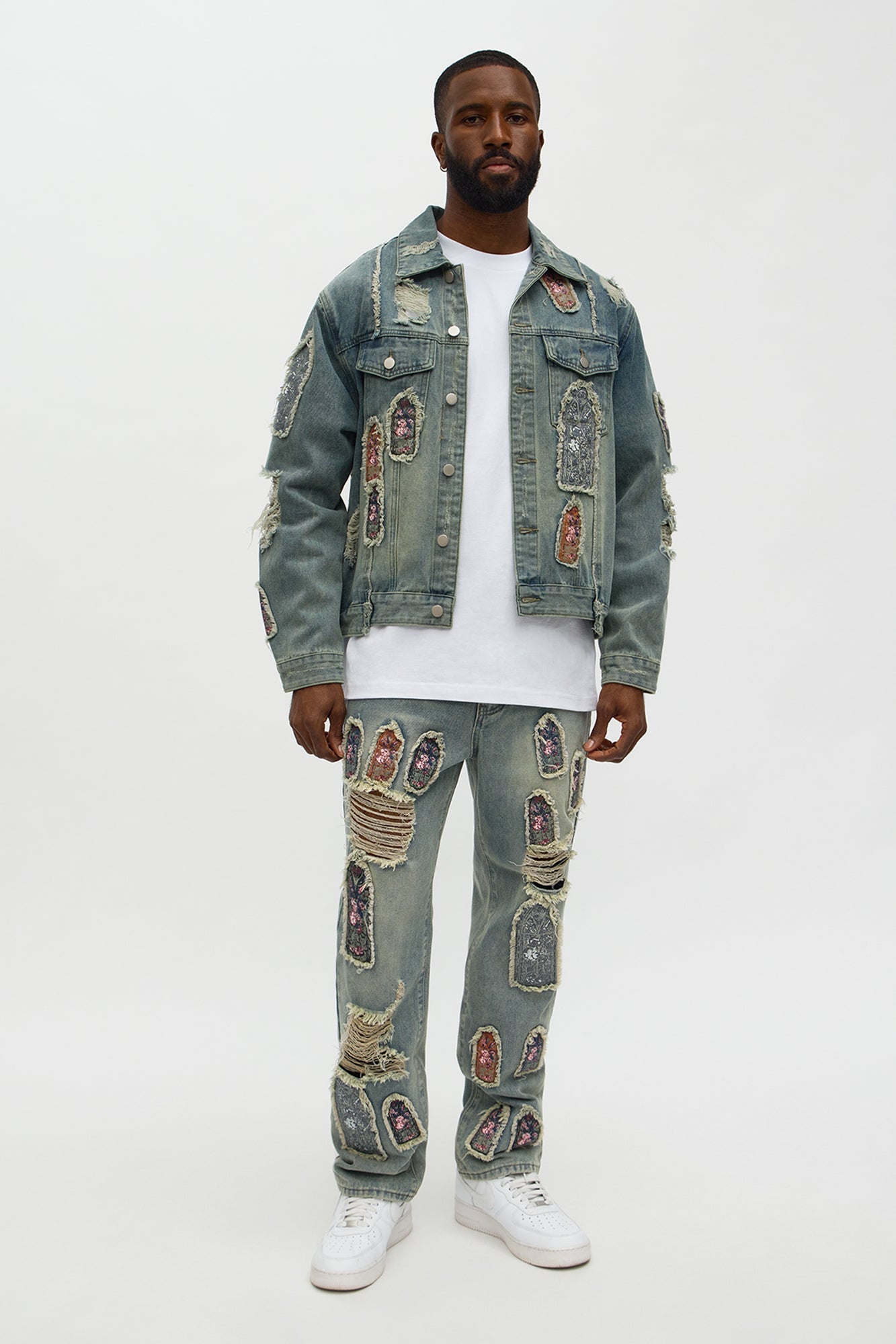 Relaxed Straight Holy Windows Patched Distressed Jean - Vintage Blue Wash - image 3