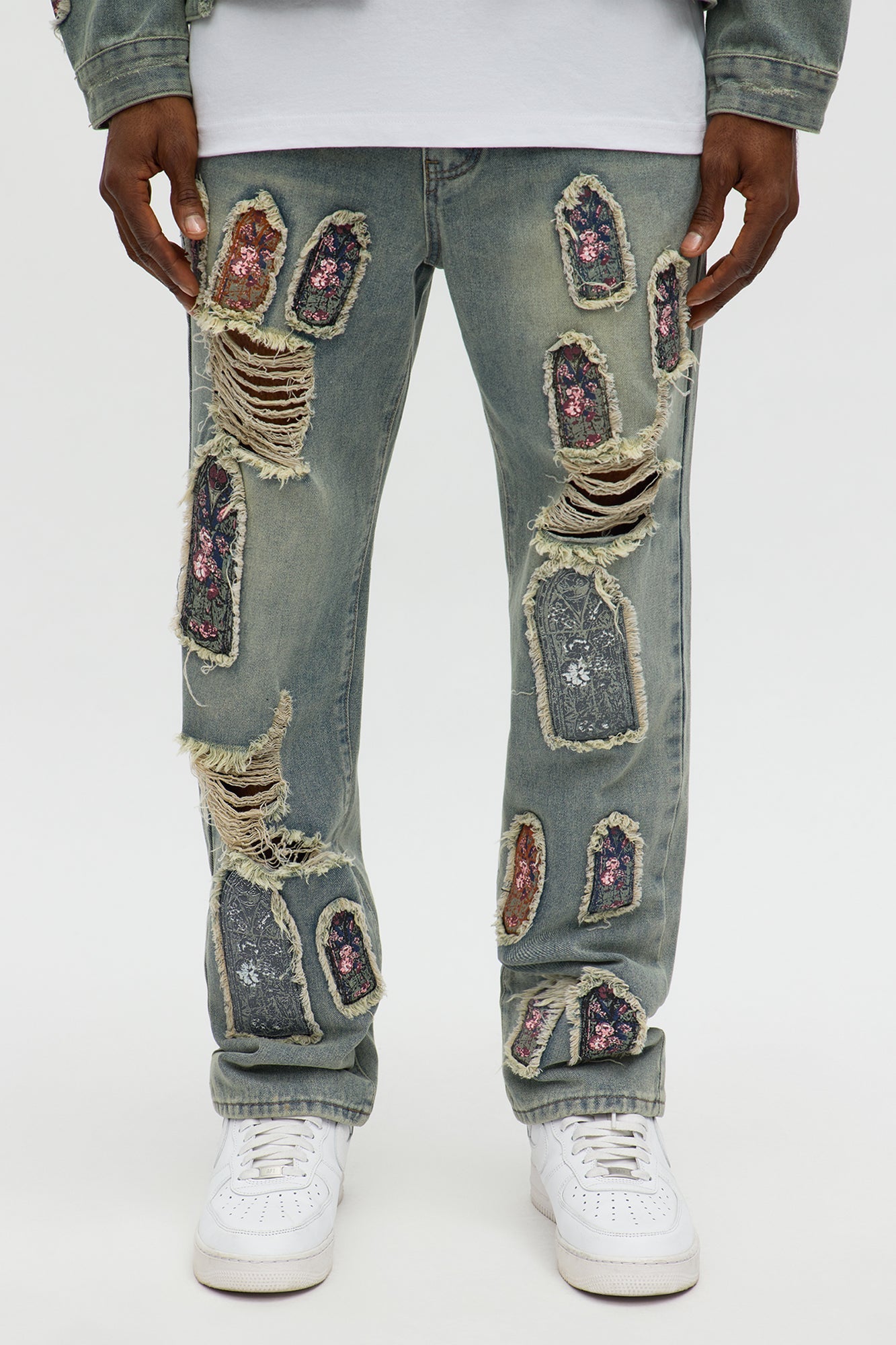 Relaxed Straight Holy Windows Patched Distressed Jean - Vintage Blue Wash - image 2