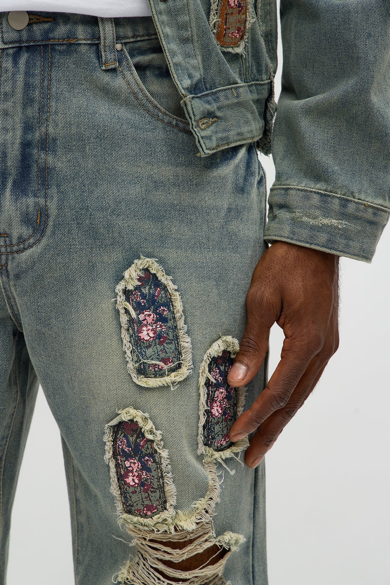 Relaxed Straight Holy Windows Patched Distressed Jean - Vintage Blue Wash - image 4