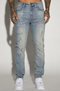 Ripped And Bleach Splatter Slim Jeans - Light Blue Wash - image 1