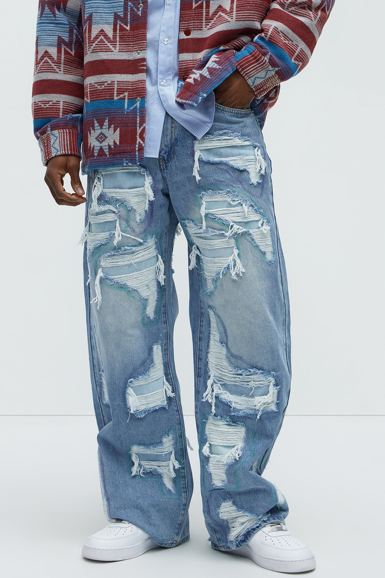 Worn All Over Distressed Baggy Jeans - Light Wash - image 2